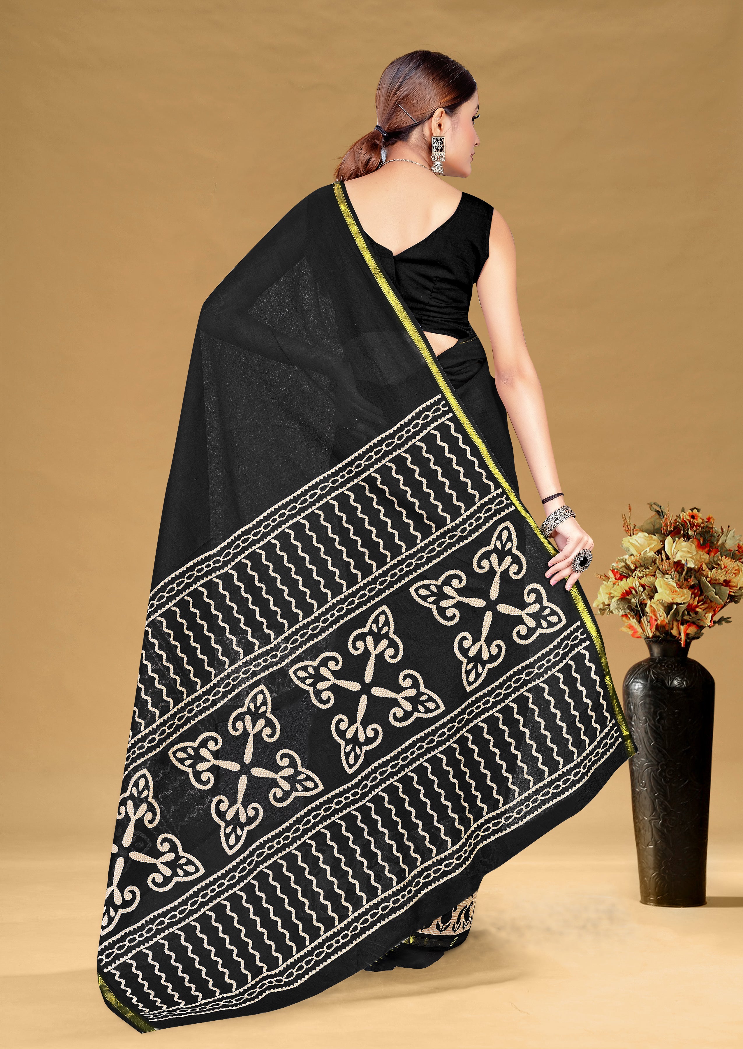 SUDHA BAGRU BLOCK PRINT SOFT MASLIN COTTON ZARI GOLDEN BORDER BLACK SAREE