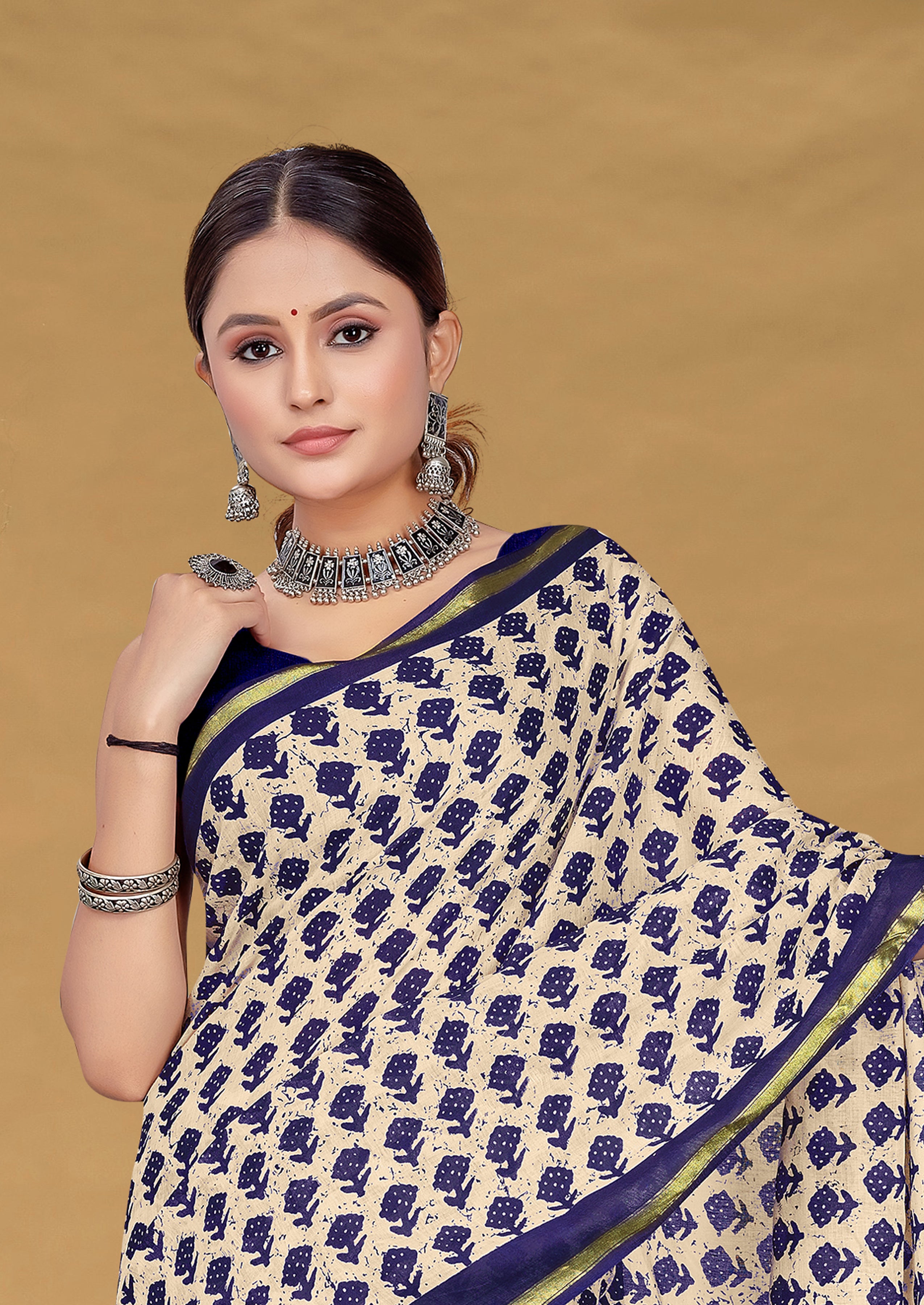 SUDHA BAGRU BLOCK PRINT SOFT MASLIN COTTON ZARI GOLDEN BORDER NEVY BLUE SAREE