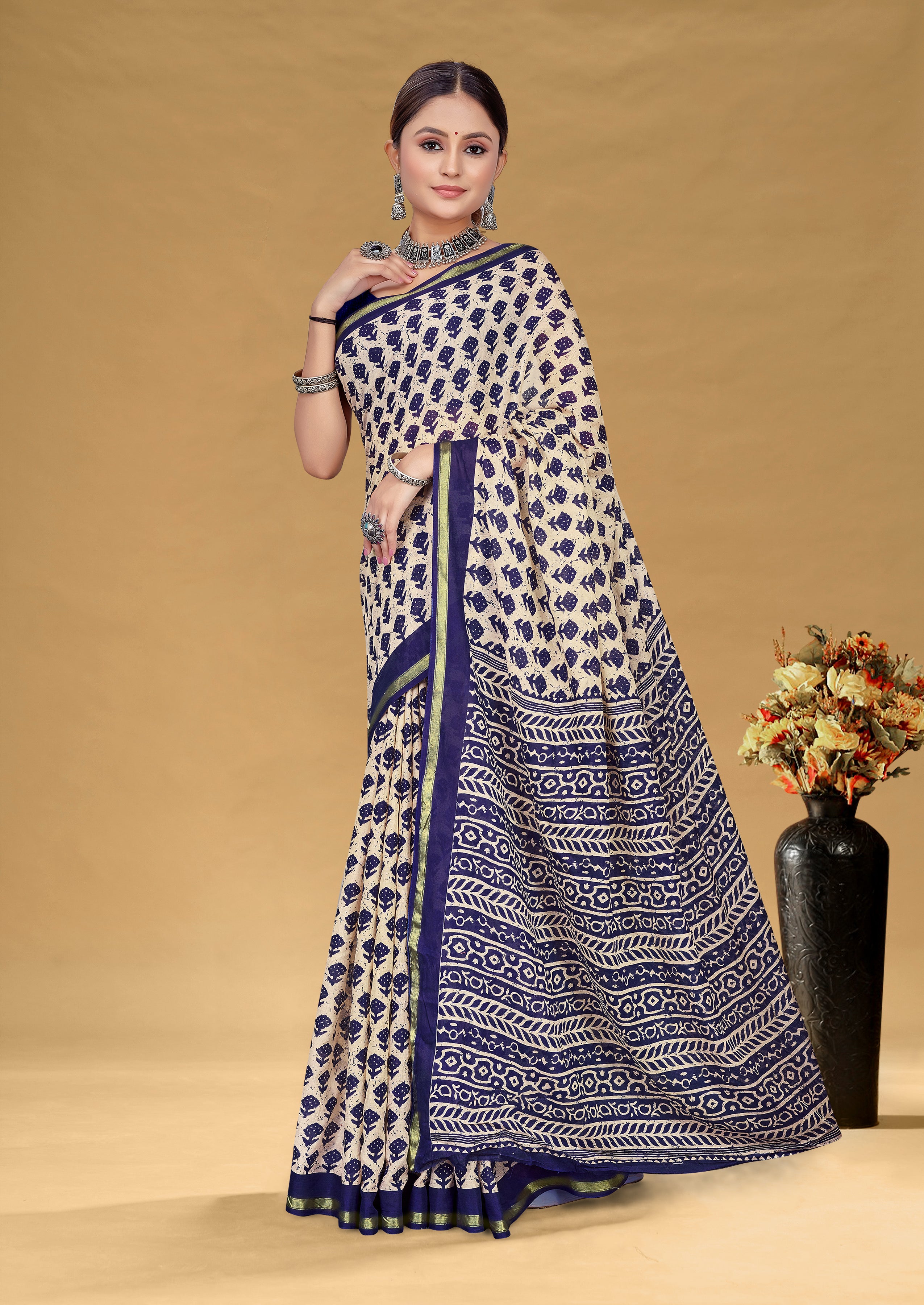 SUDHA BAGRU BLOCK PRINT SOFT MASLIN COTTON ZARI GOLDEN BORDER NEVY BLUE SAREE
