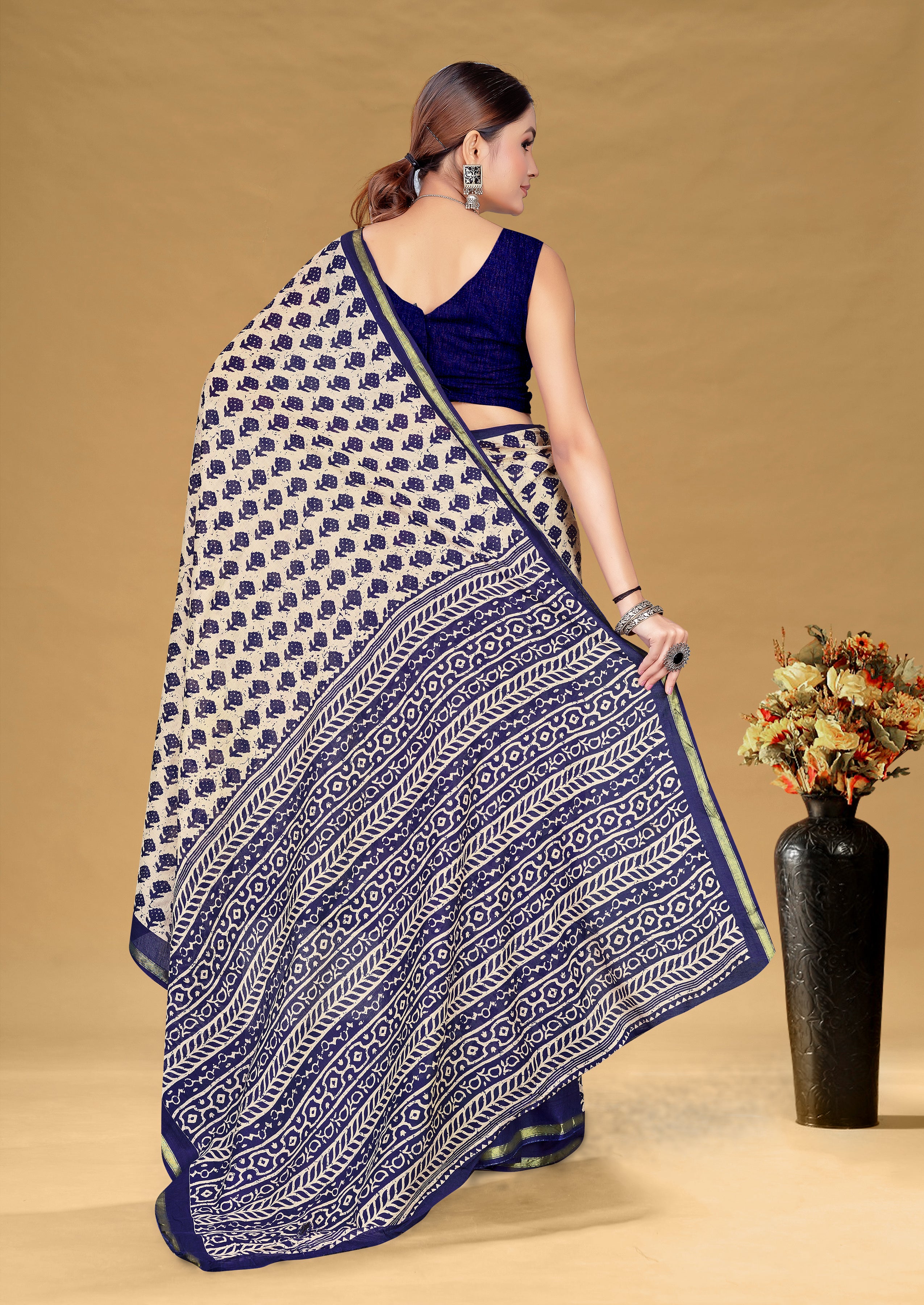 SUDHA BAGRU BLOCK PRINT SOFT MASLIN COTTON ZARI GOLDEN BORDER NEVY BLUE SAREE