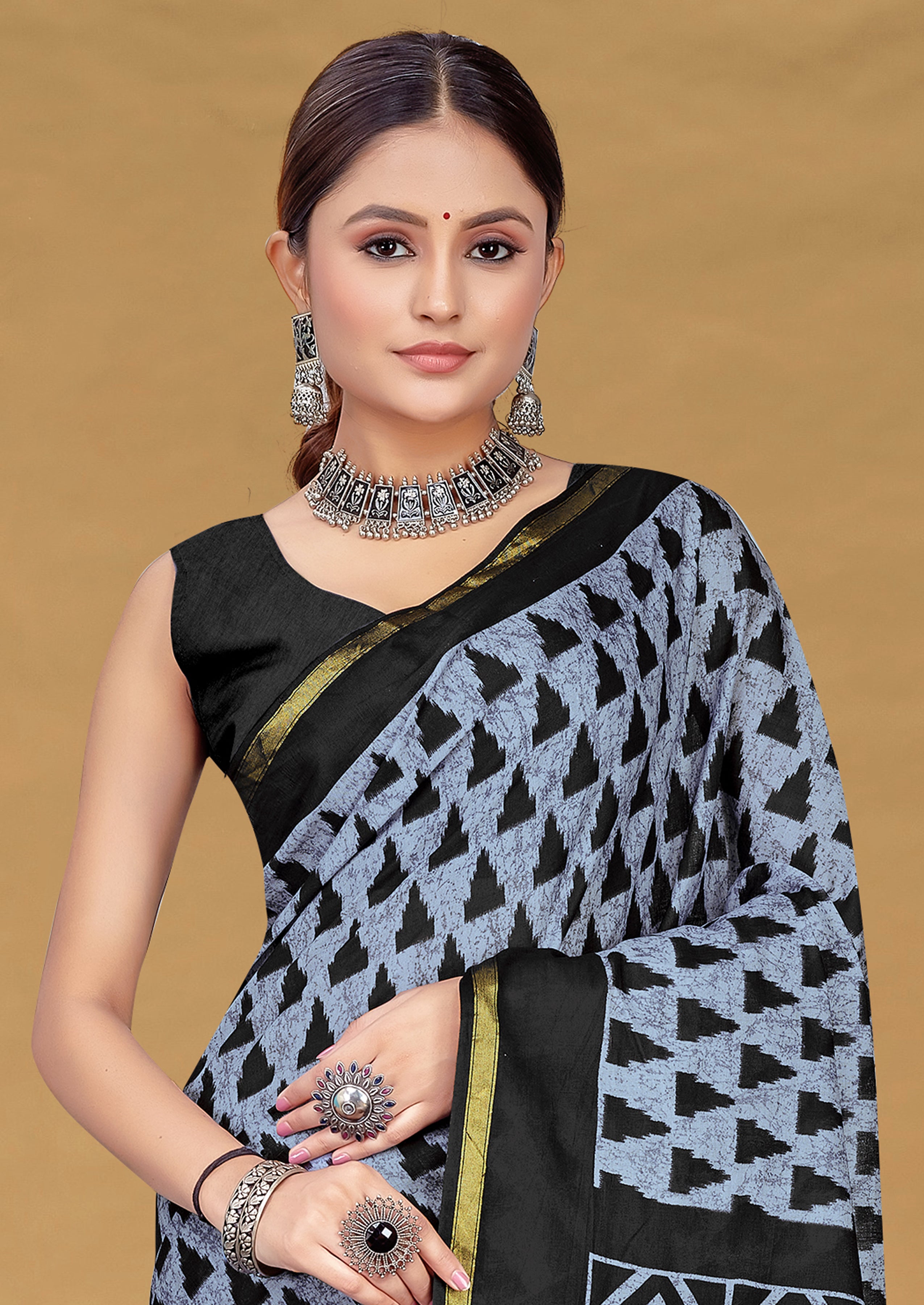 SUDHA BAGRU BLOCK PRINT SOFT MASLIN COTTON ZARI GOLDEN BORDER BLACK AND GREY SAREE