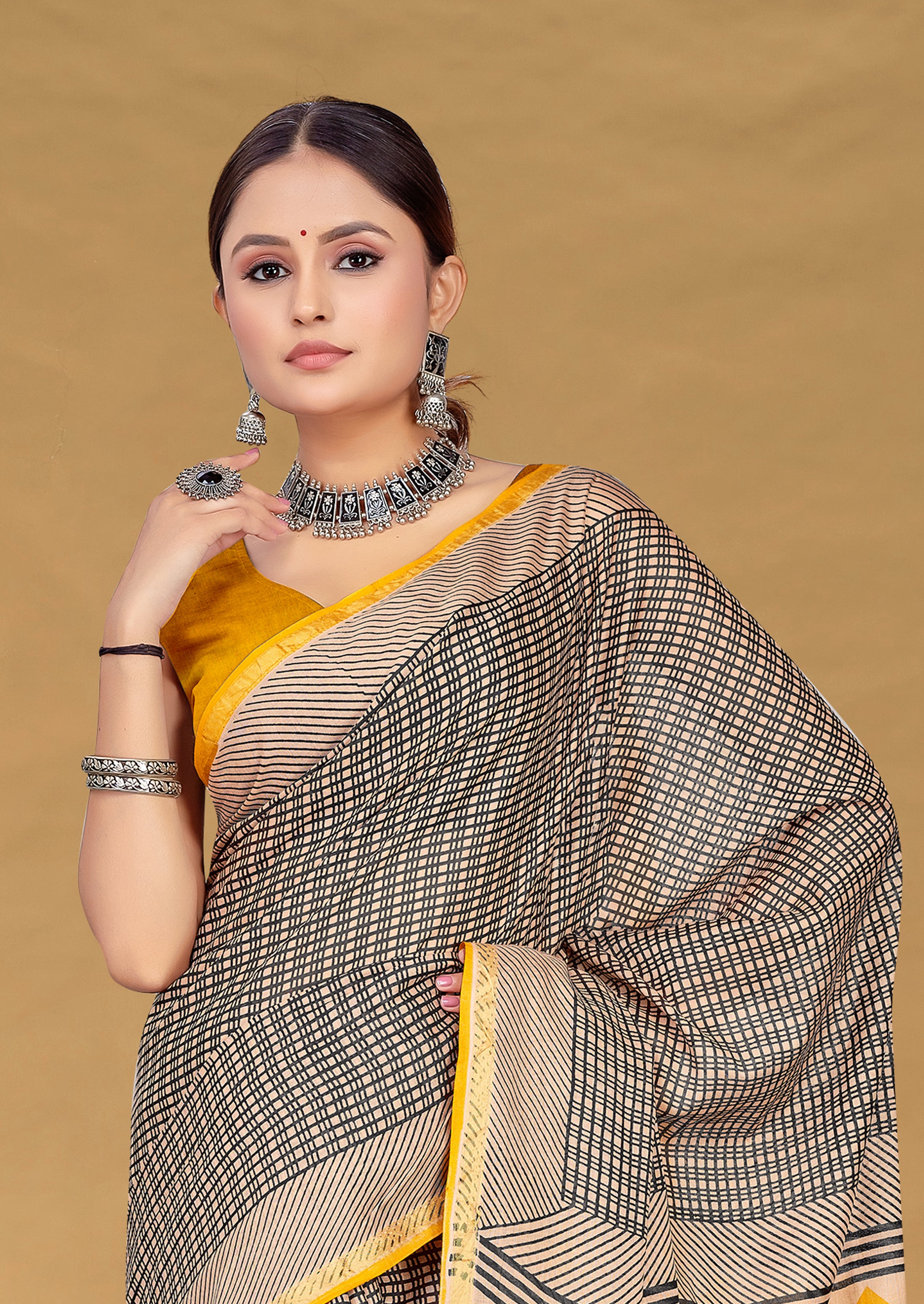 SUDHA BAGRU BLOCK PRINT SOFT MASLIN COTTON ZARI GOLDEN BORDER BEAGE SAREE