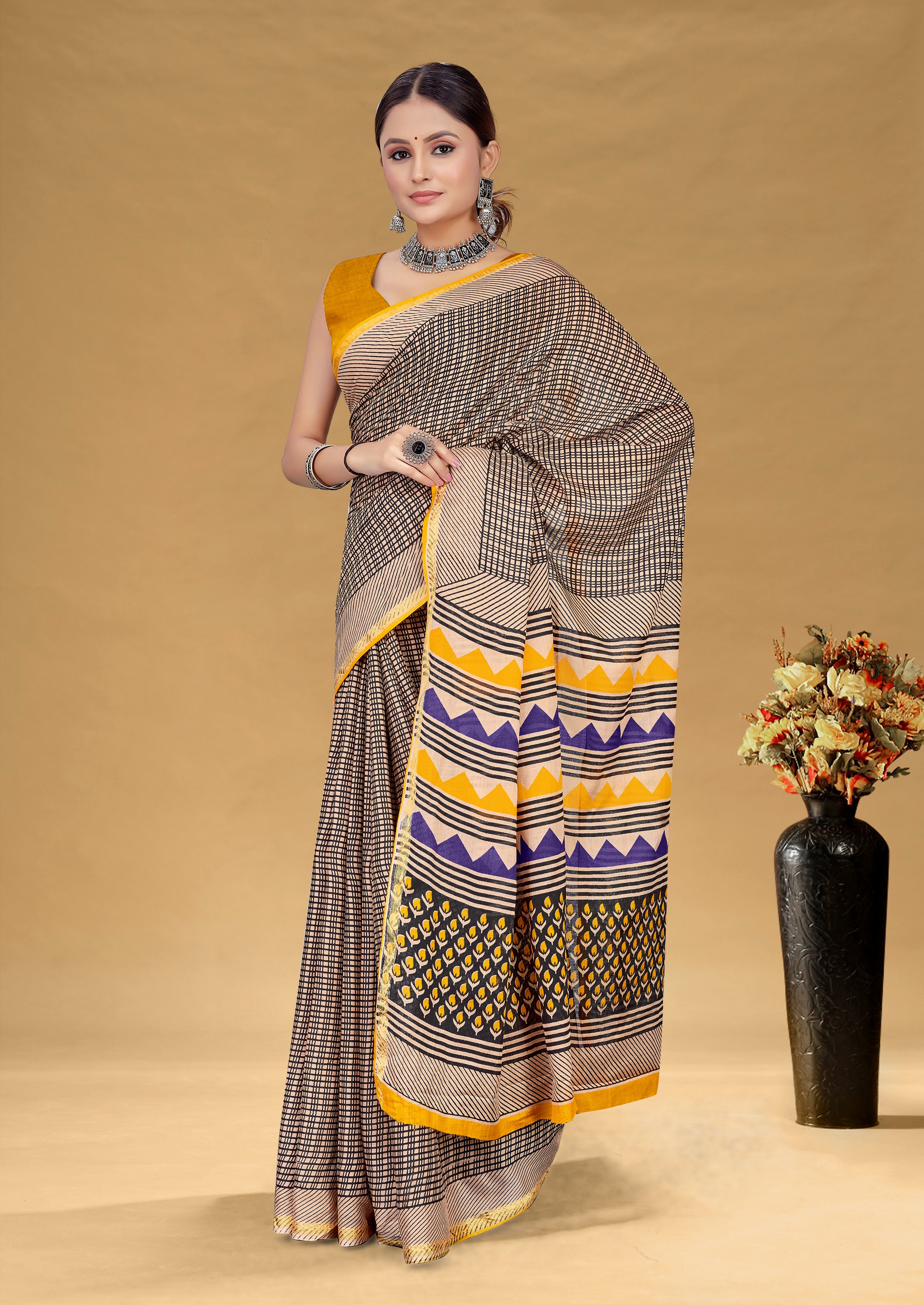 SUDHA BAGRU BLOCK PRINT SOFT MASLIN COTTON ZARI GOLDEN BORDER BEAGE SAREE