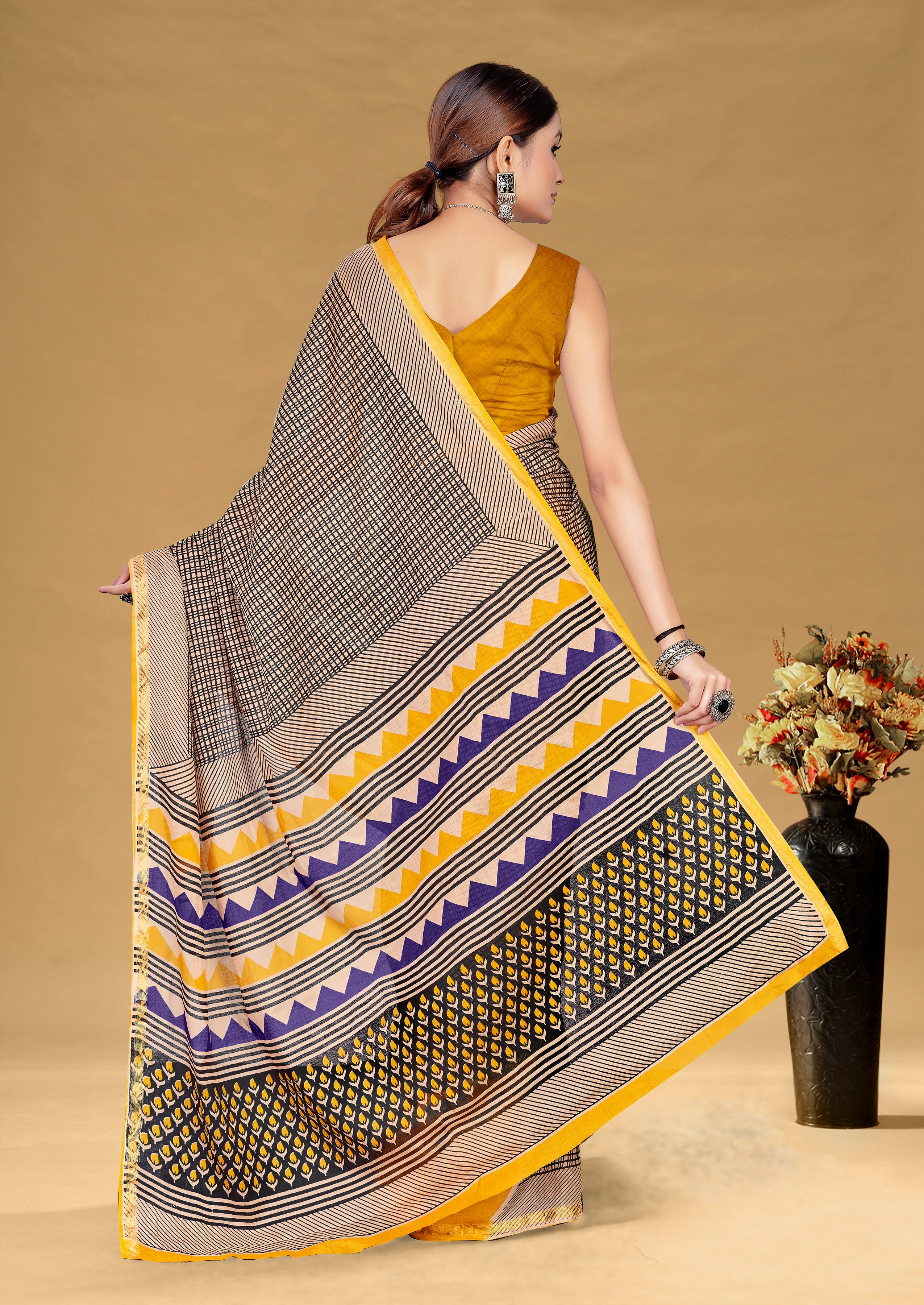 SUDHA BAGRU BLOCK PRINT SOFT MASLIN COTTON ZARI GOLDEN BORDER BEAGE SAREE