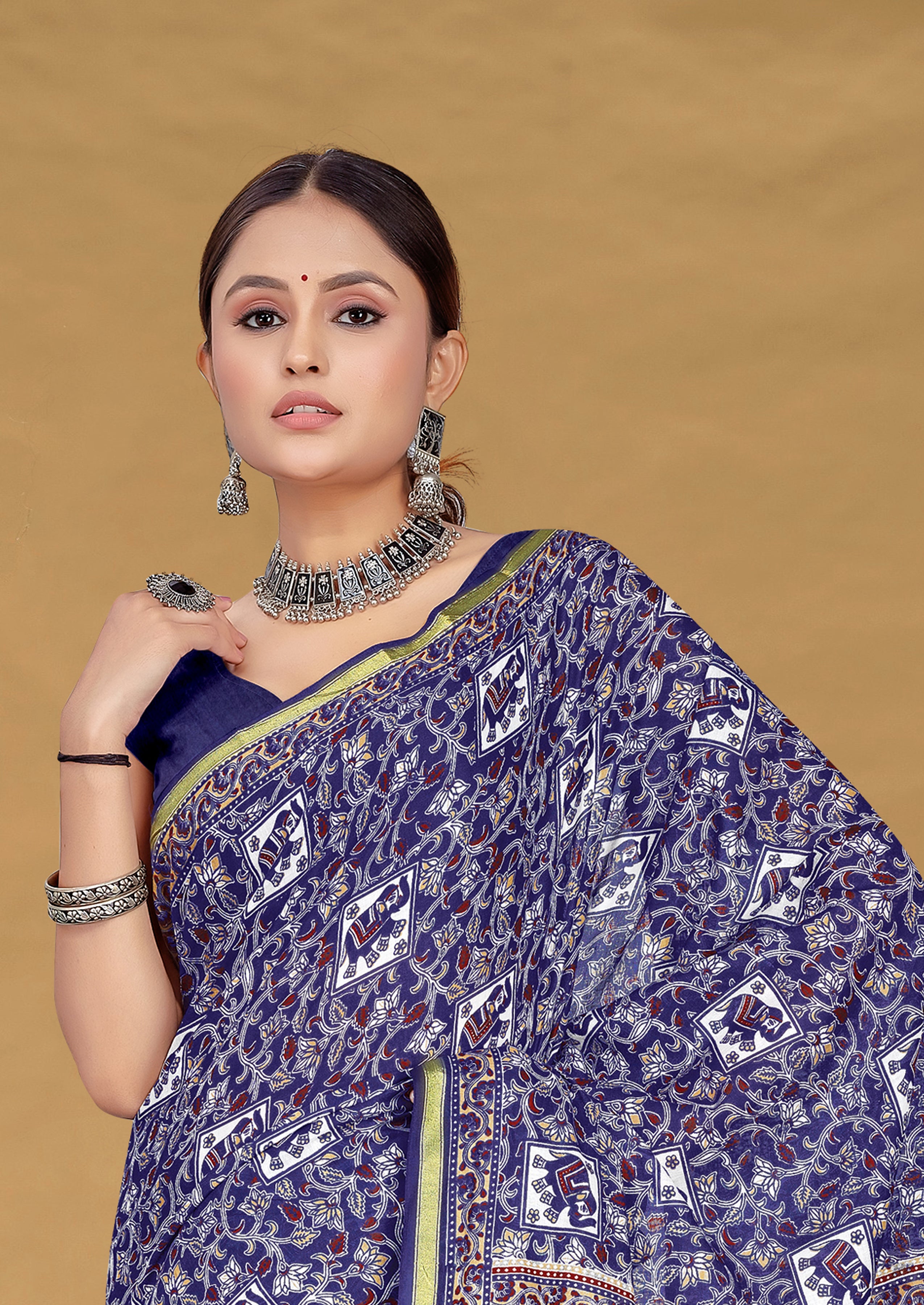 SUDHA BAGRU BLOCK PRINT SOFT MASLIN COTTON ZARI GOLDEN BORDER BLUE SAREE