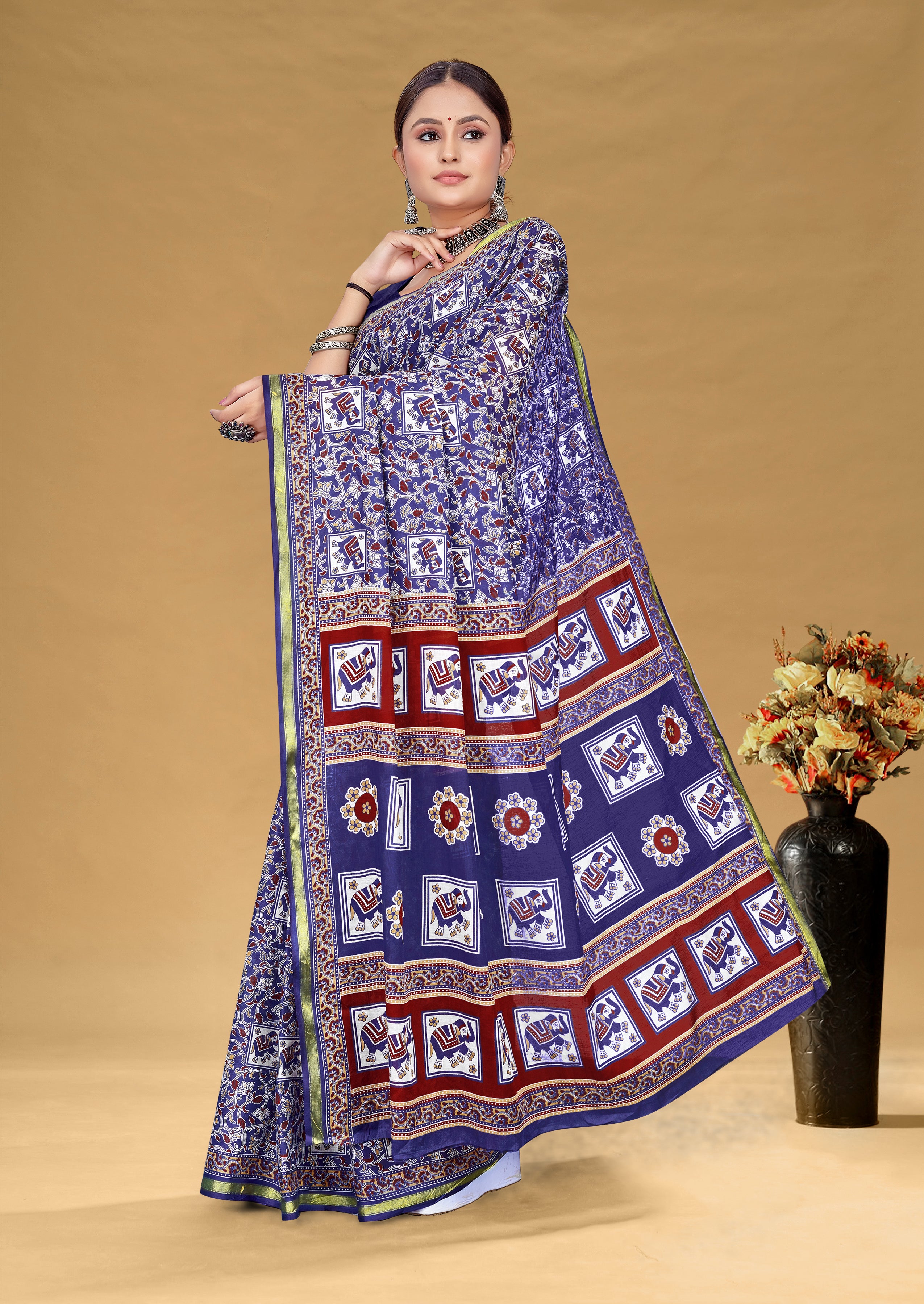SUDHA BAGRU BLOCK PRINT SOFT MASLIN COTTON ZARI GOLDEN BORDER BLUE SAREE