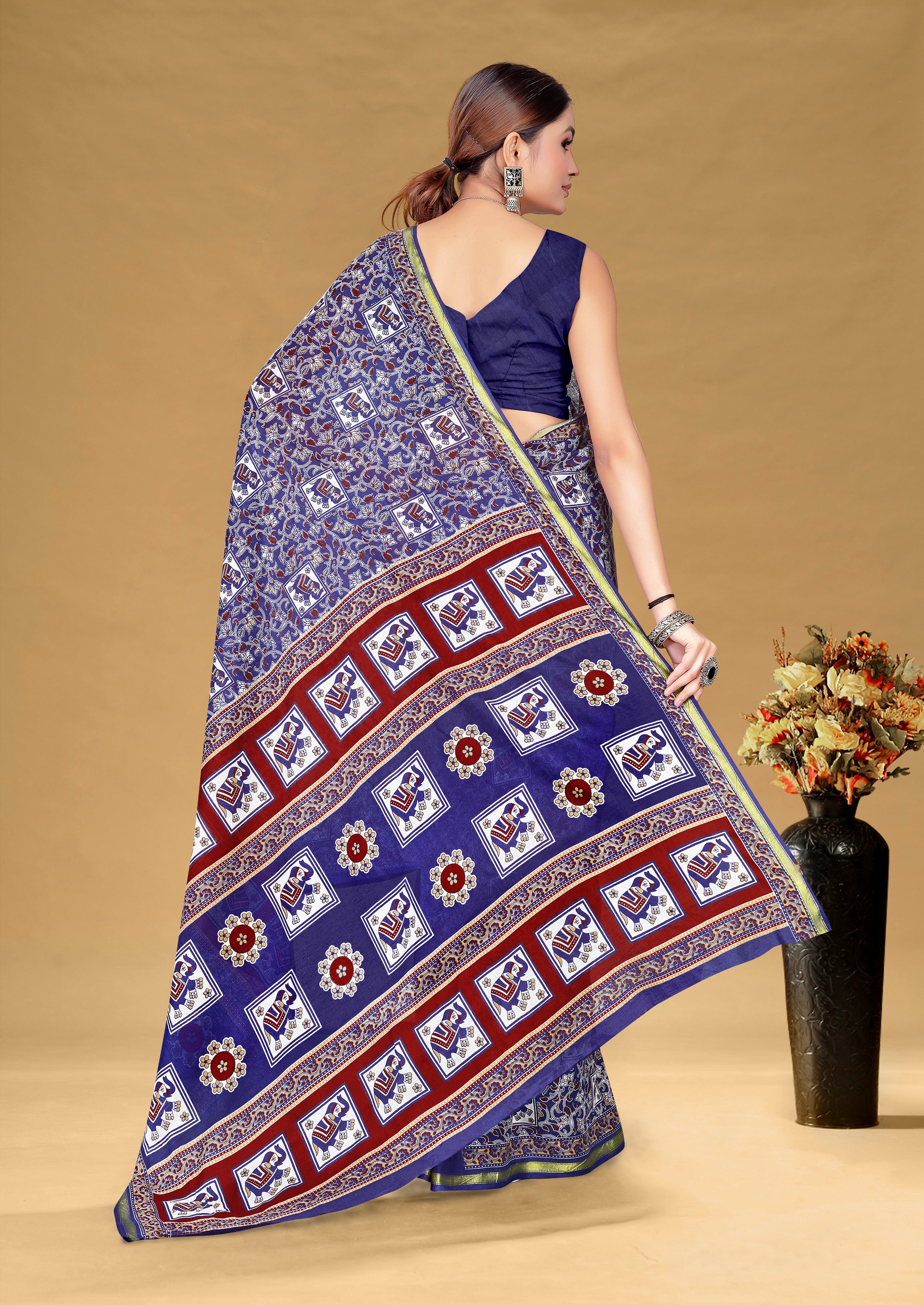 SUDHA BAGRU BLOCK PRINT SOFT MASLIN COTTON ZARI GOLDEN BORDER BLUE SAREE