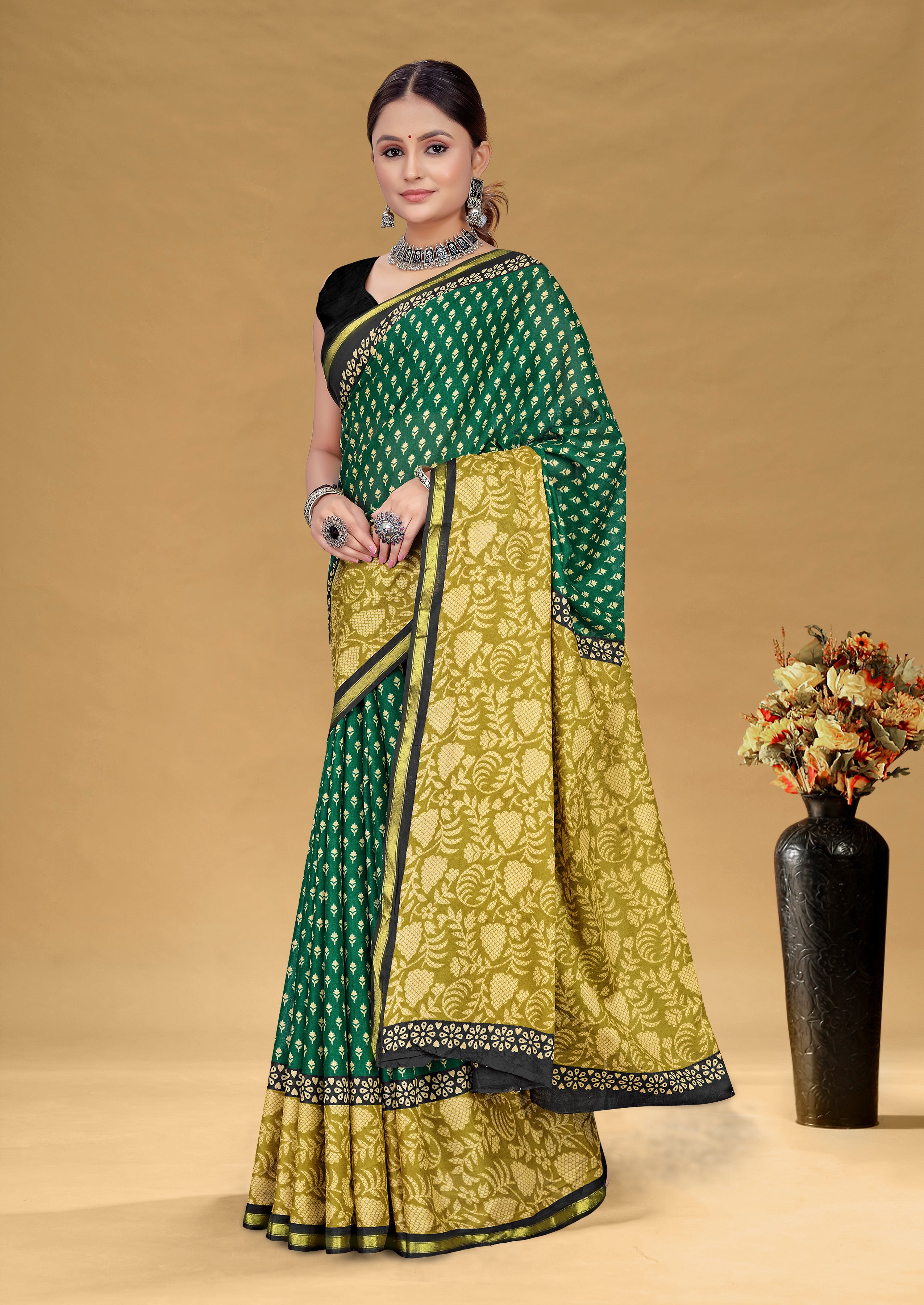 SUDHA BAGRU BLOCK PRINT SOFT MASLIN COTTON ZARI GOLDEN BORDER GREEN SAREE