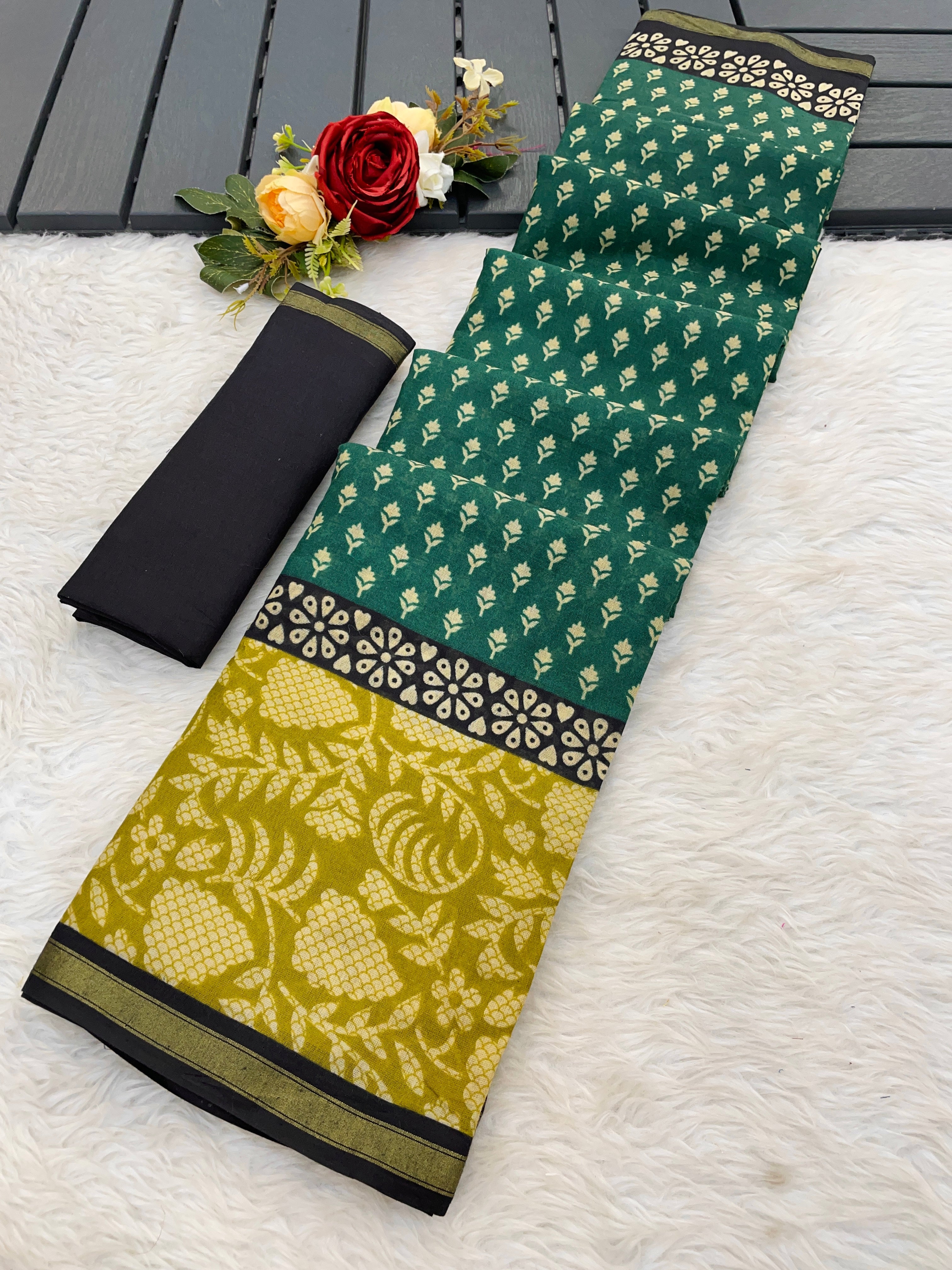 SUDHA BAGRU BLOCK PRINT SOFT MASLIN COTTON ZARI GOLDEN BORDER GREEN SAREE