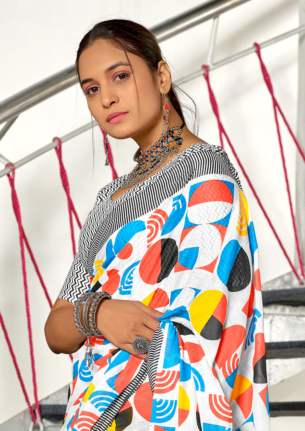 SUMRCOOL PURE MULMUL COTTON FANCY BAGRU BLOCK PRINT WHITE SAREE