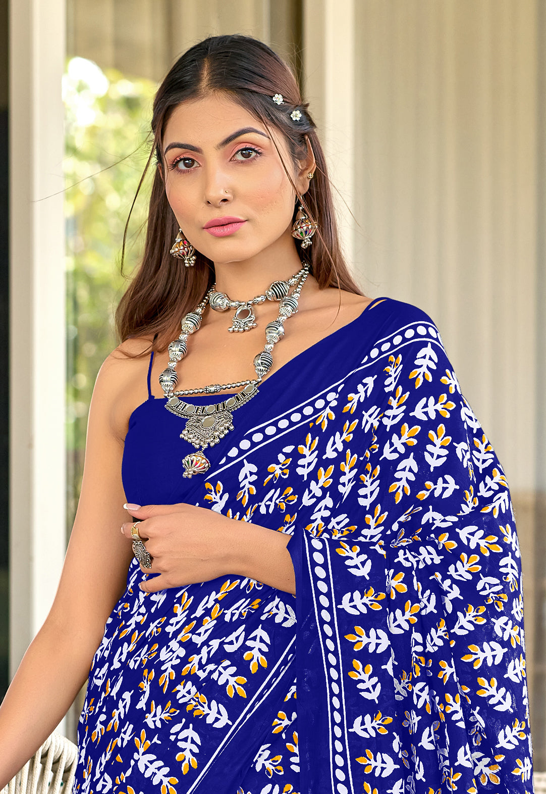 TAAPTI PURE MULMUL COTTON HAND PRINTD BLUE SAREE