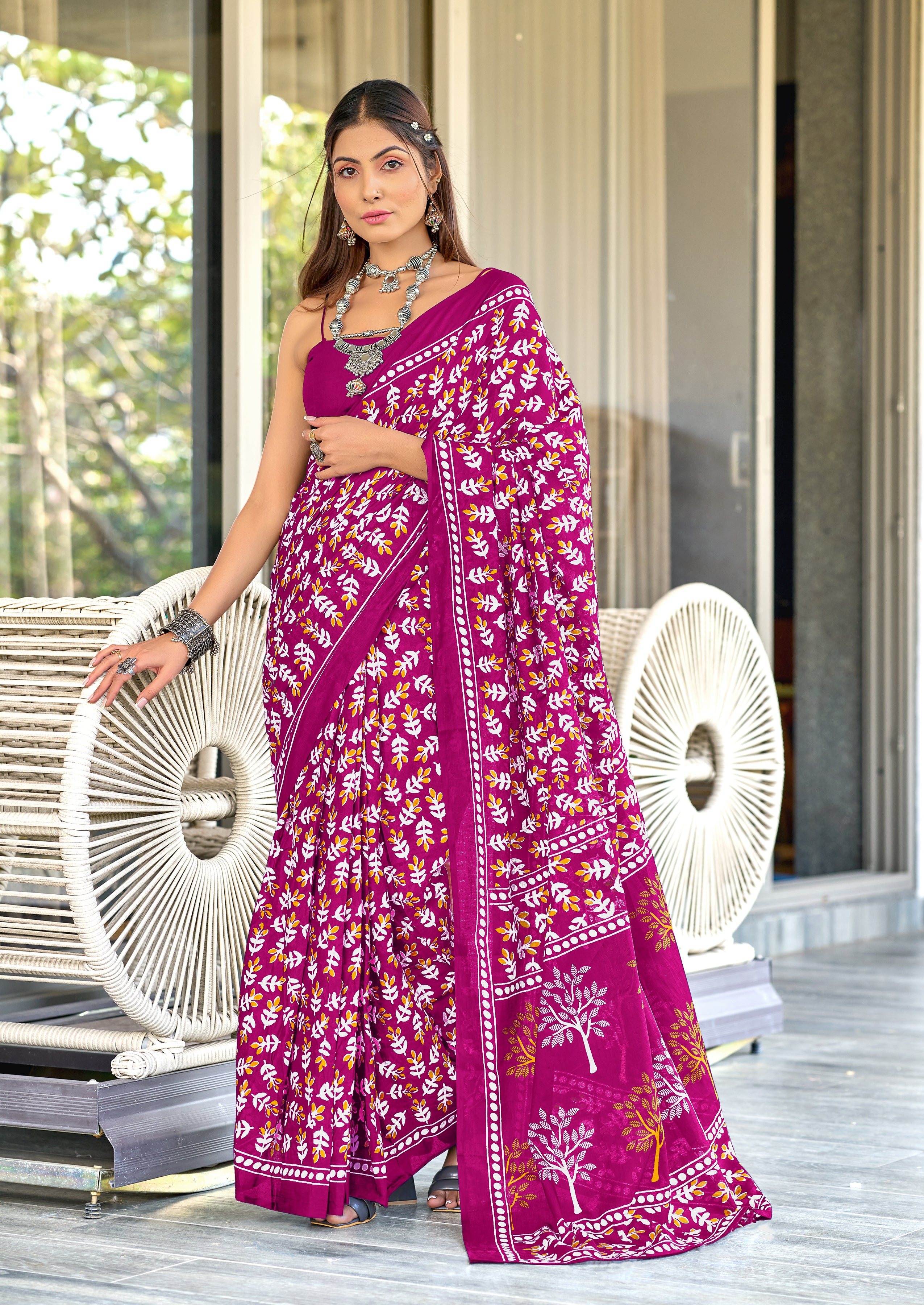 TAAPTI PURE MULMUL COTTON HAND PRINTD PINK SAREE