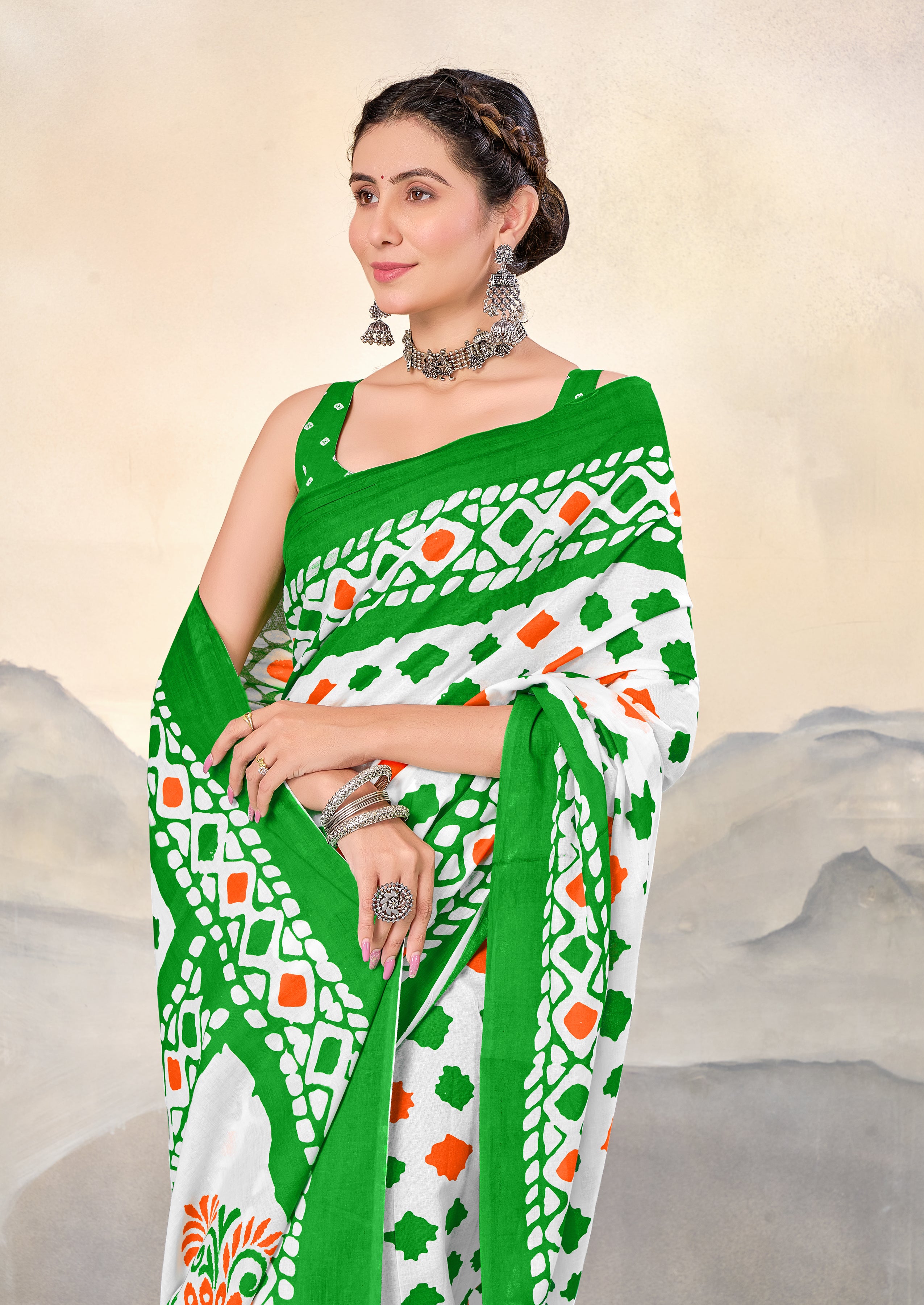 TIRNGA SOFT PURE COTTON BLOCK PRINTED GREEN SAREE