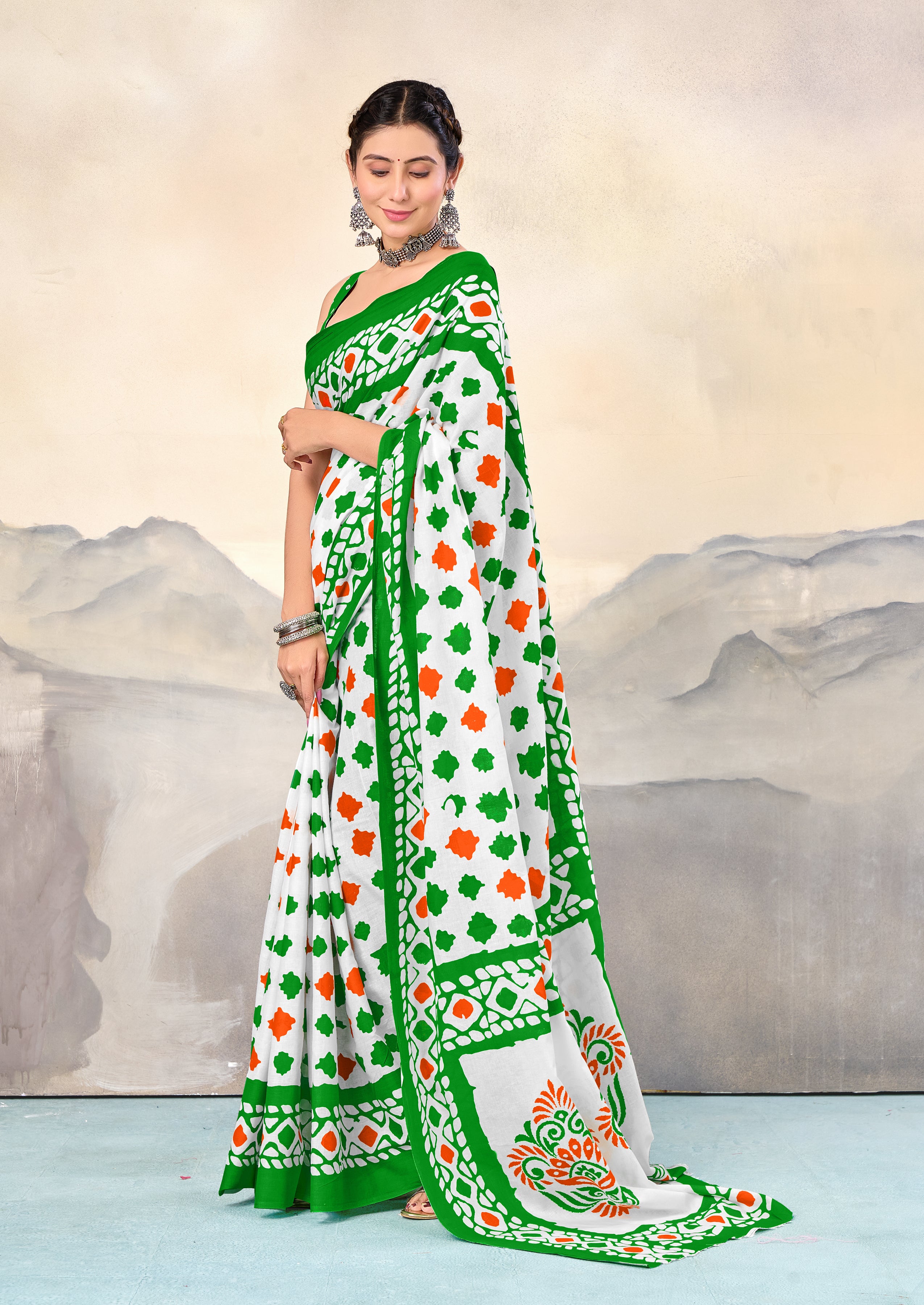 TIRNGA SOFT PURE COTTON BLOCK PRINTED GREEN SAREE