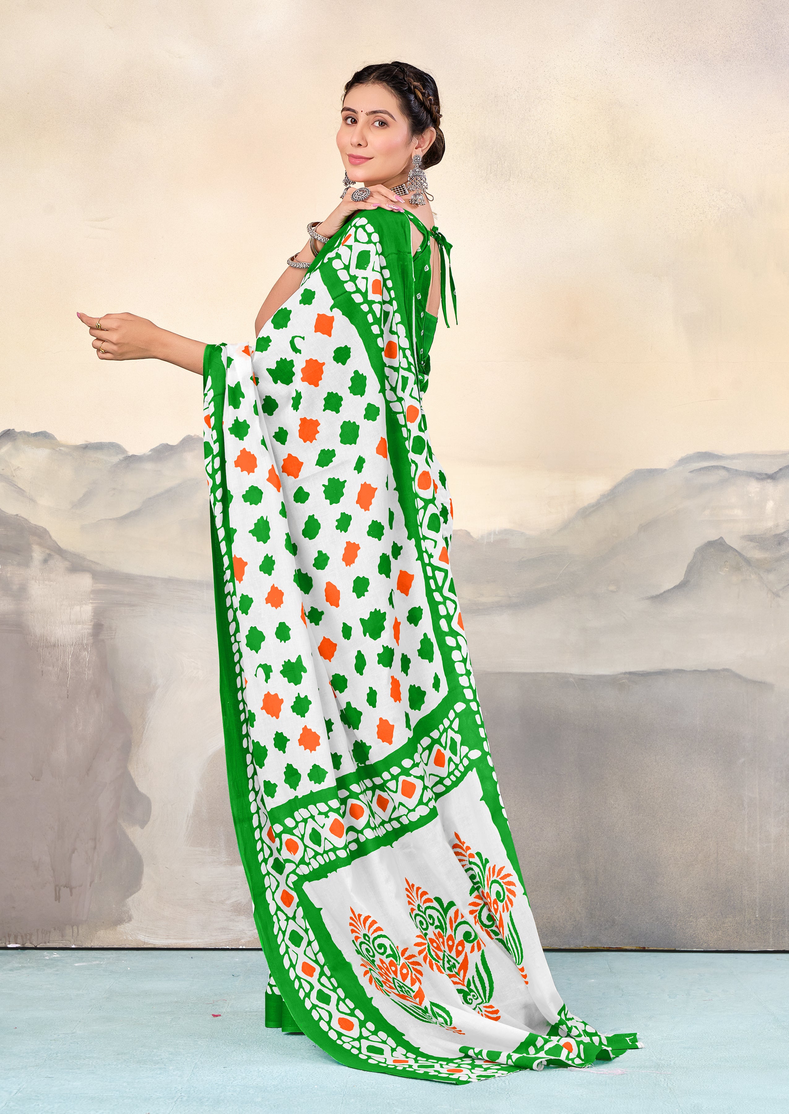 TIRNGA SOFT PURE COTTON BLOCK PRINTED GREEN SAREE