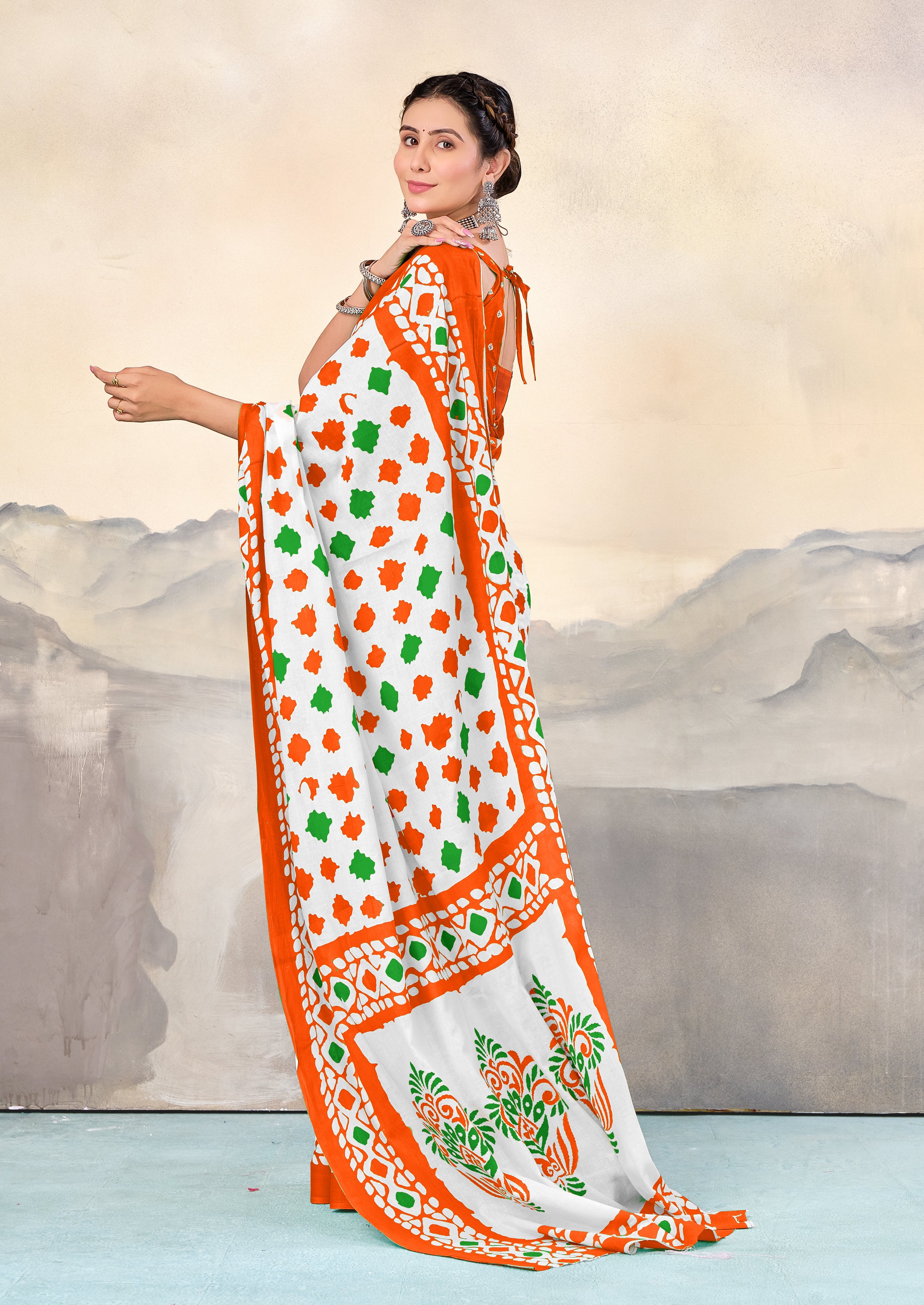 TIRNGA SOFT PURE COTTON BLOCK PRINTED ORANGE SAREE