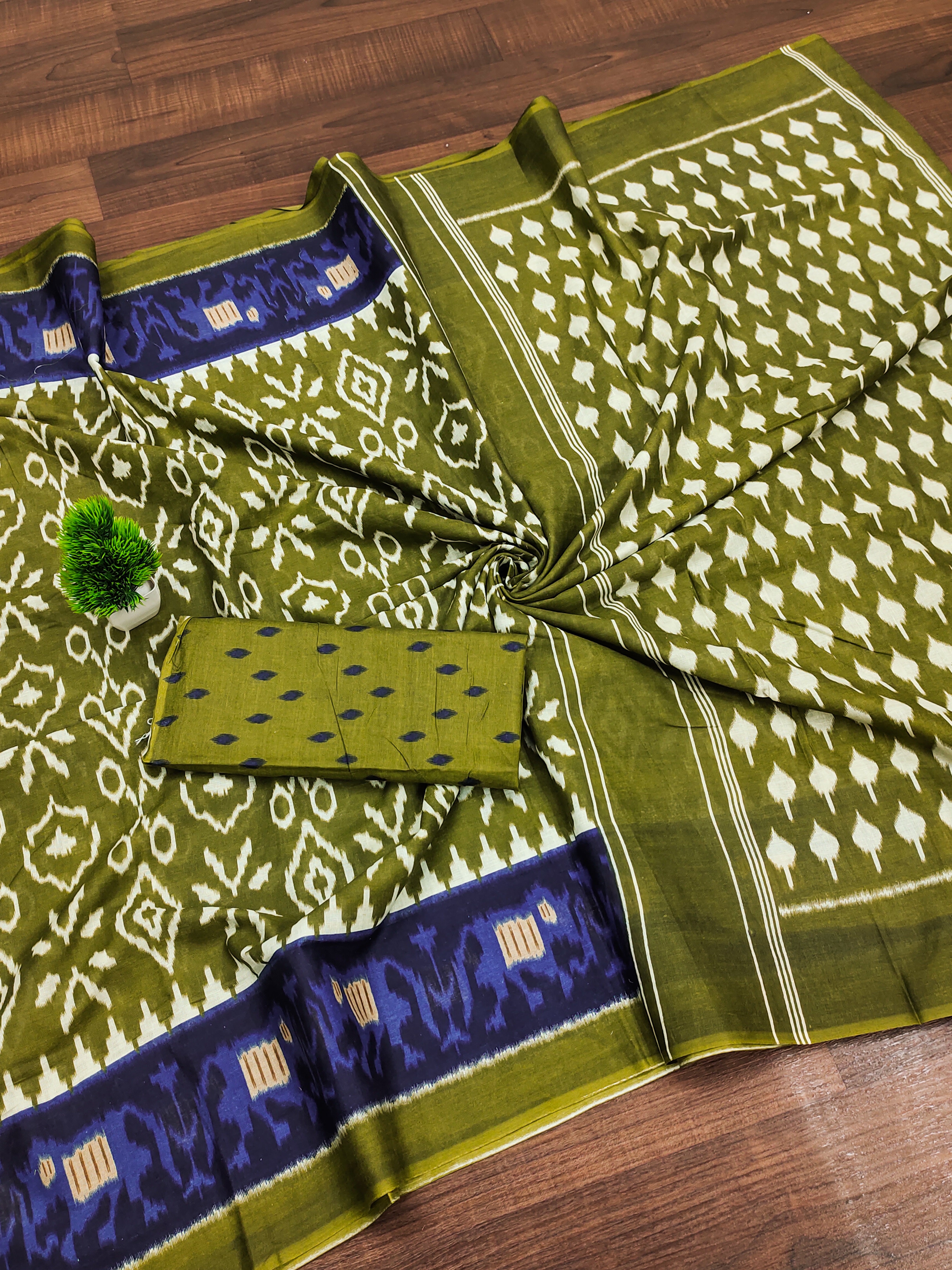 VAMIKA PURE MULMUL COTTON IKKAT HAND BLOCK PRINT OLIVE GREEN SAREE