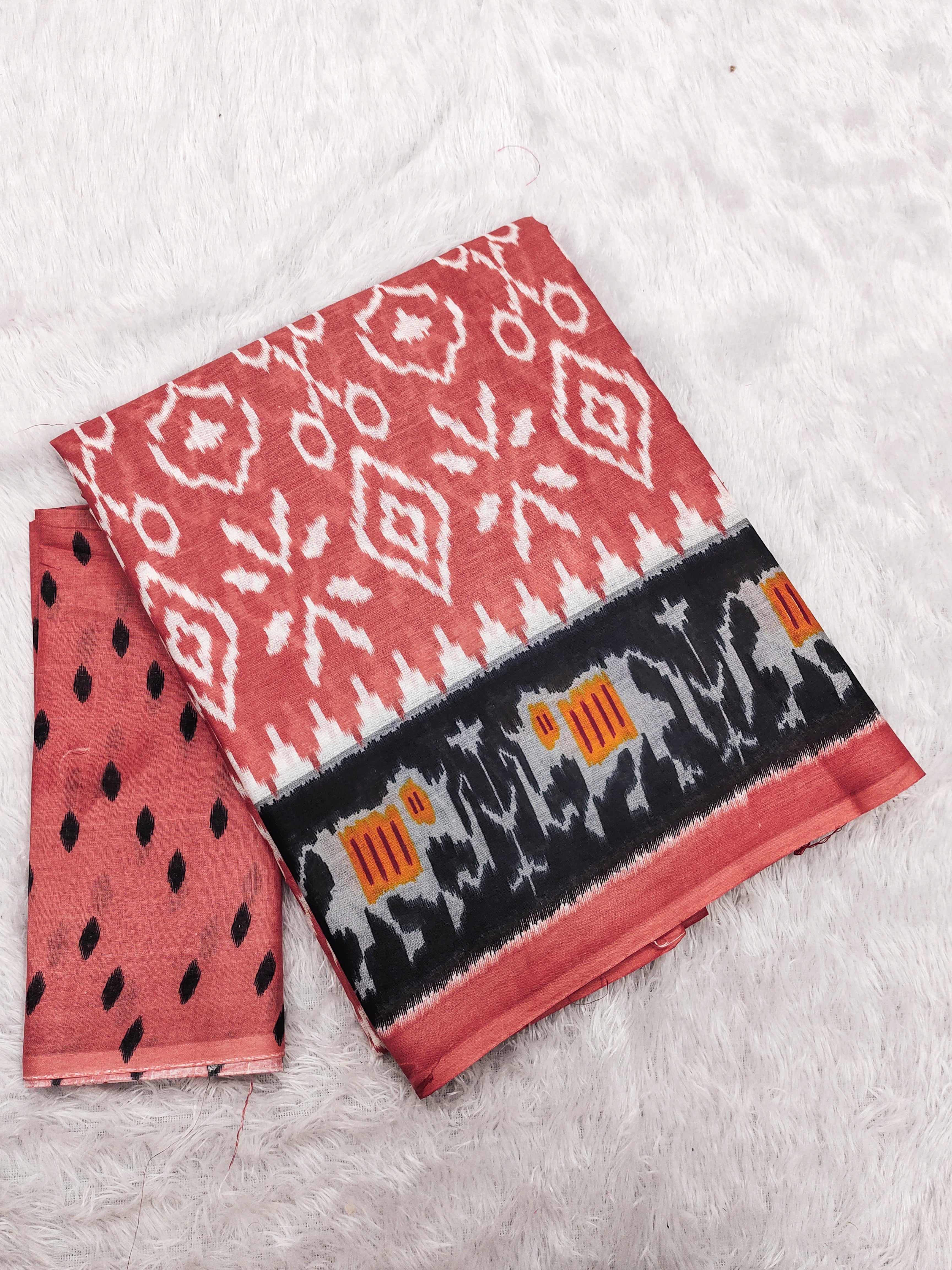 VAMIKA PURE MULMUL COTTON IKKAT HAND BLOCK PRINT PEACH SAREE