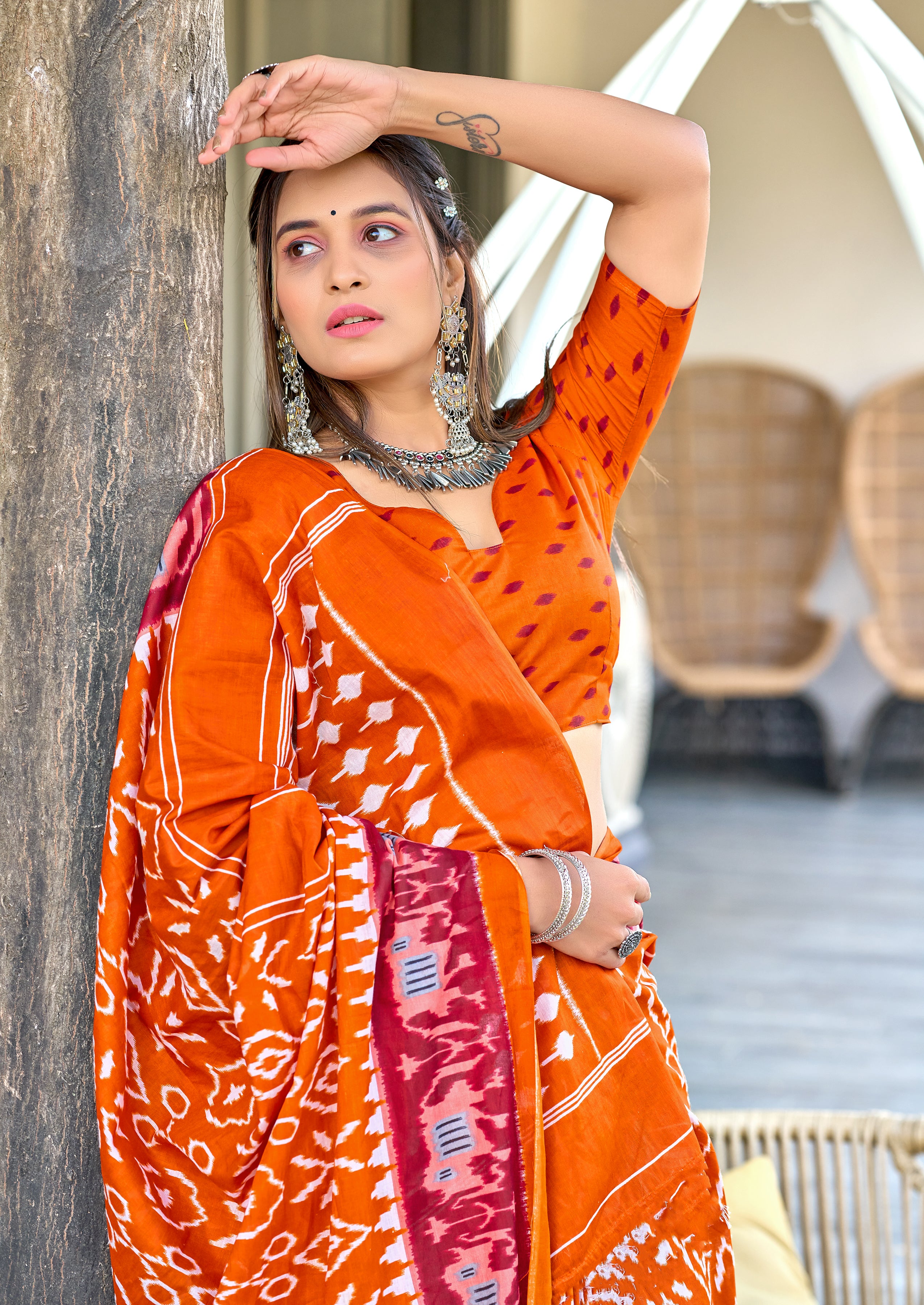 VAMIKA PURE MULMUL COTTON IKKAT HAND BLOCK PRINT RUST ORANGE SAREE