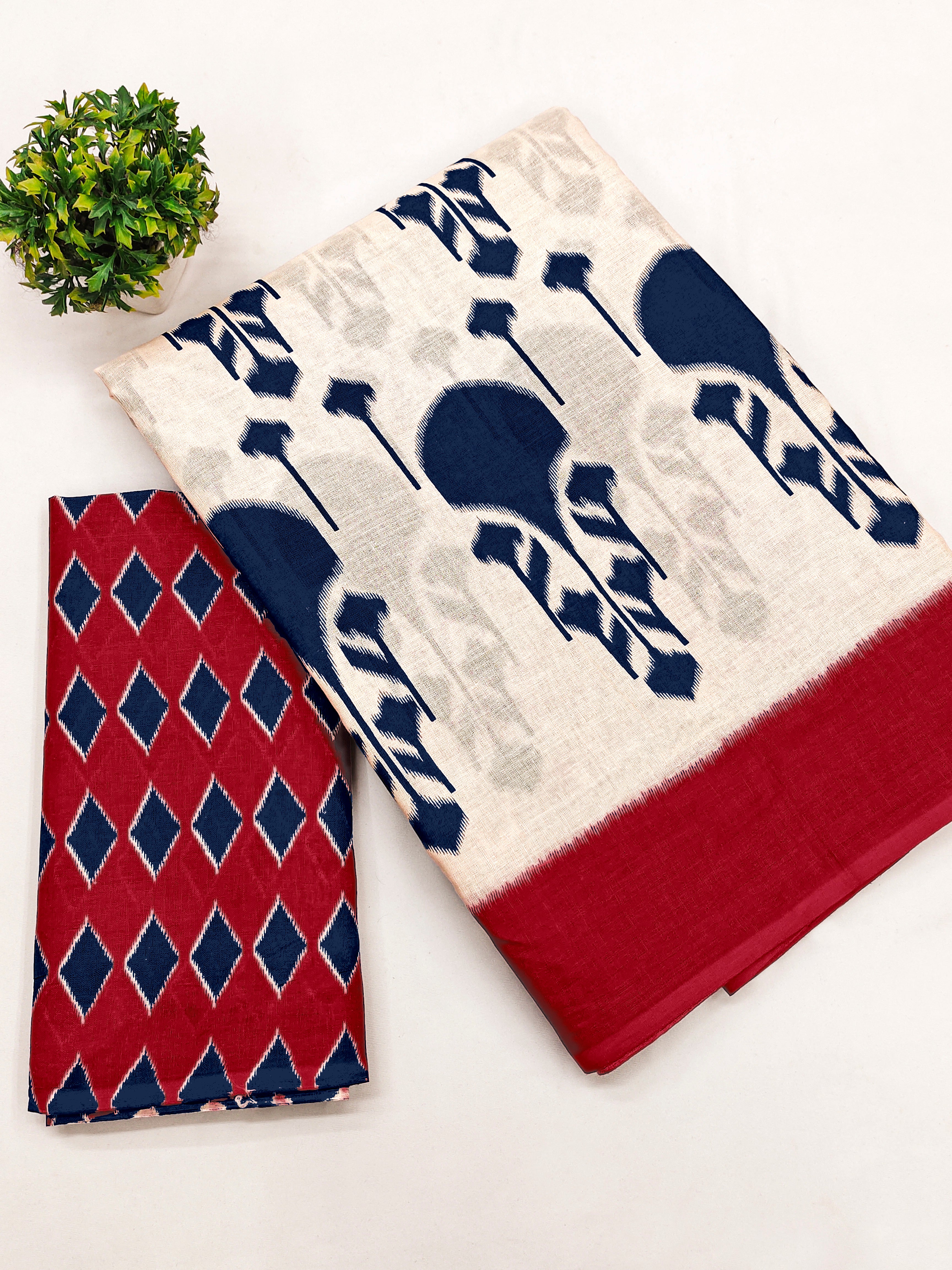 VEDIKA PURE SOFT COTTON FANCY IKKAT BLOCK PRINT BLUE AND RED SAREE