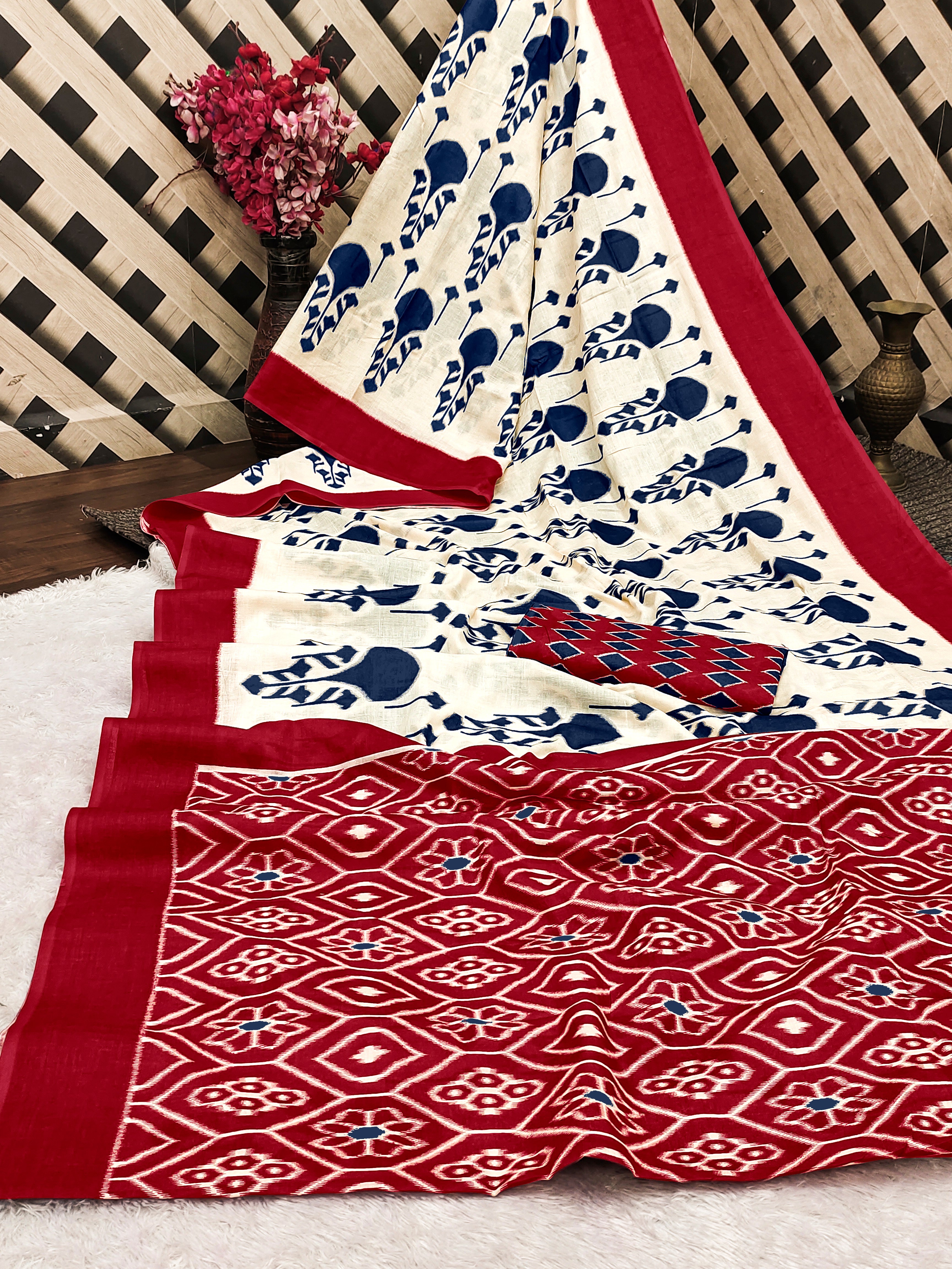 VEDIKA PURE SOFT COTTON FANCY IKKAT BLOCK PRINT BLUE AND RED SAREE