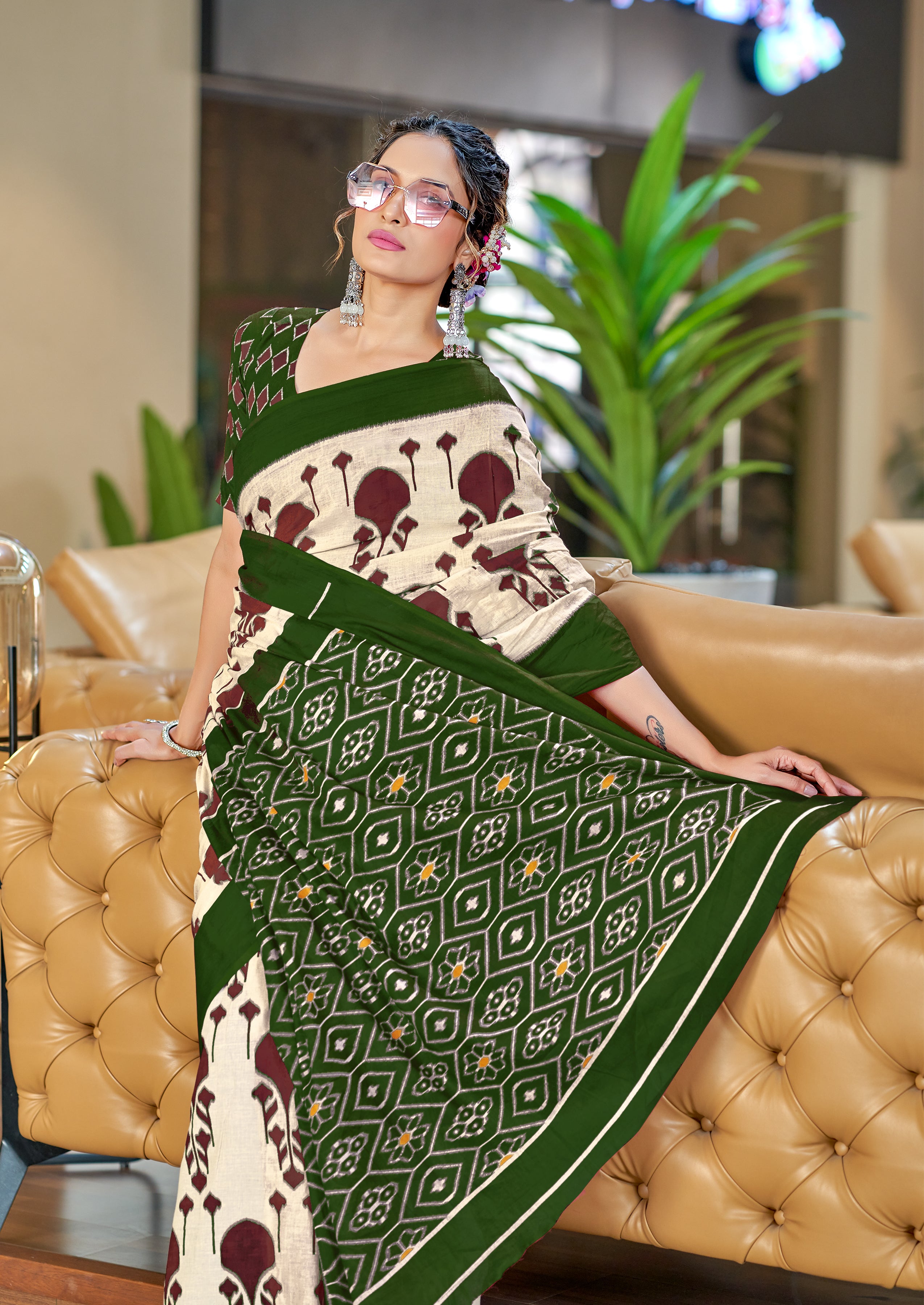 VEDIKA PURE SOFT COTTON FANCY IKKAT BLOCK PRINT BROWN AND GREEN SAREE