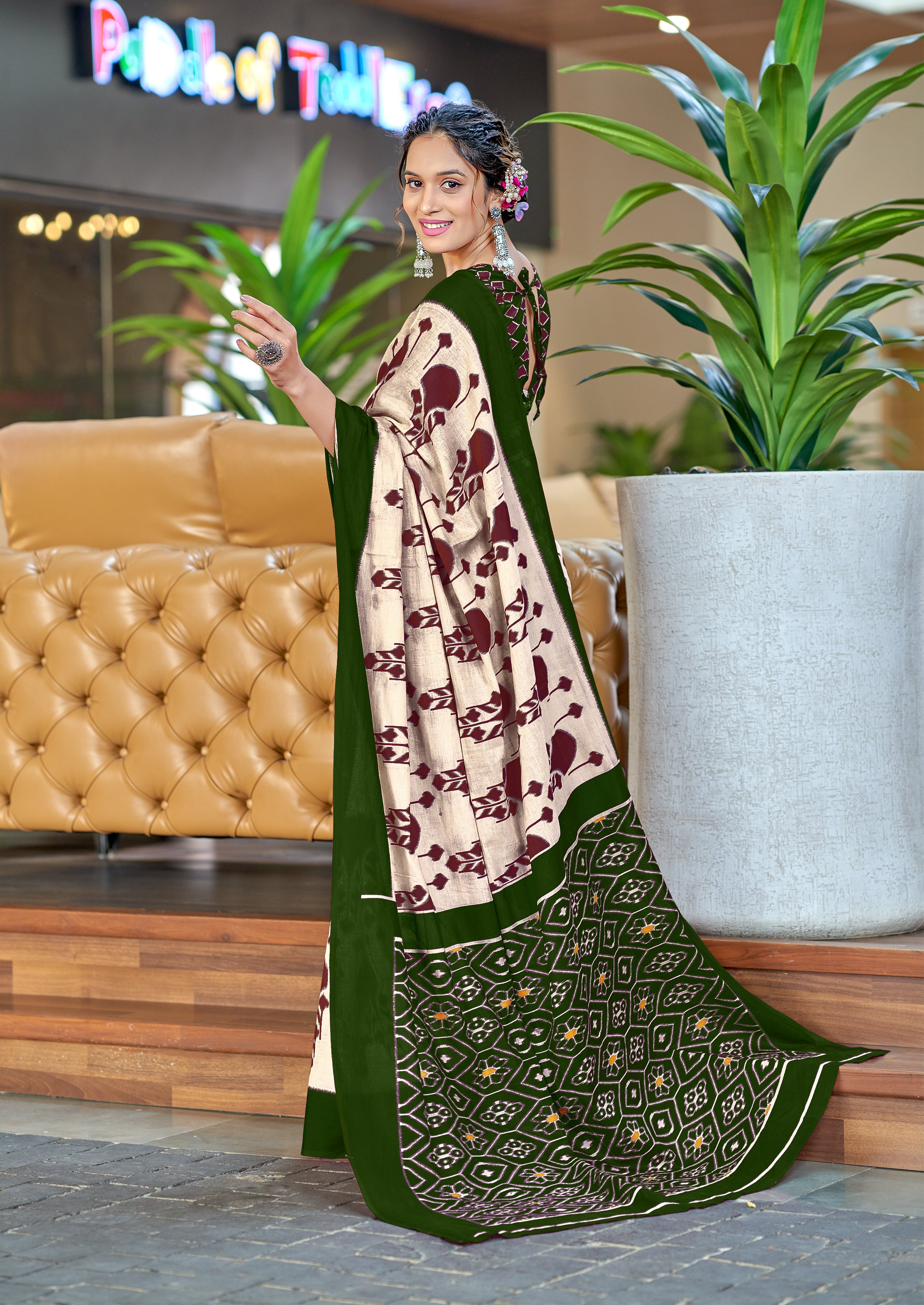 VEDIKA PURE SOFT COTTON FANCY IKKAT BLOCK PRINT BROWN AND GREEN SAREE