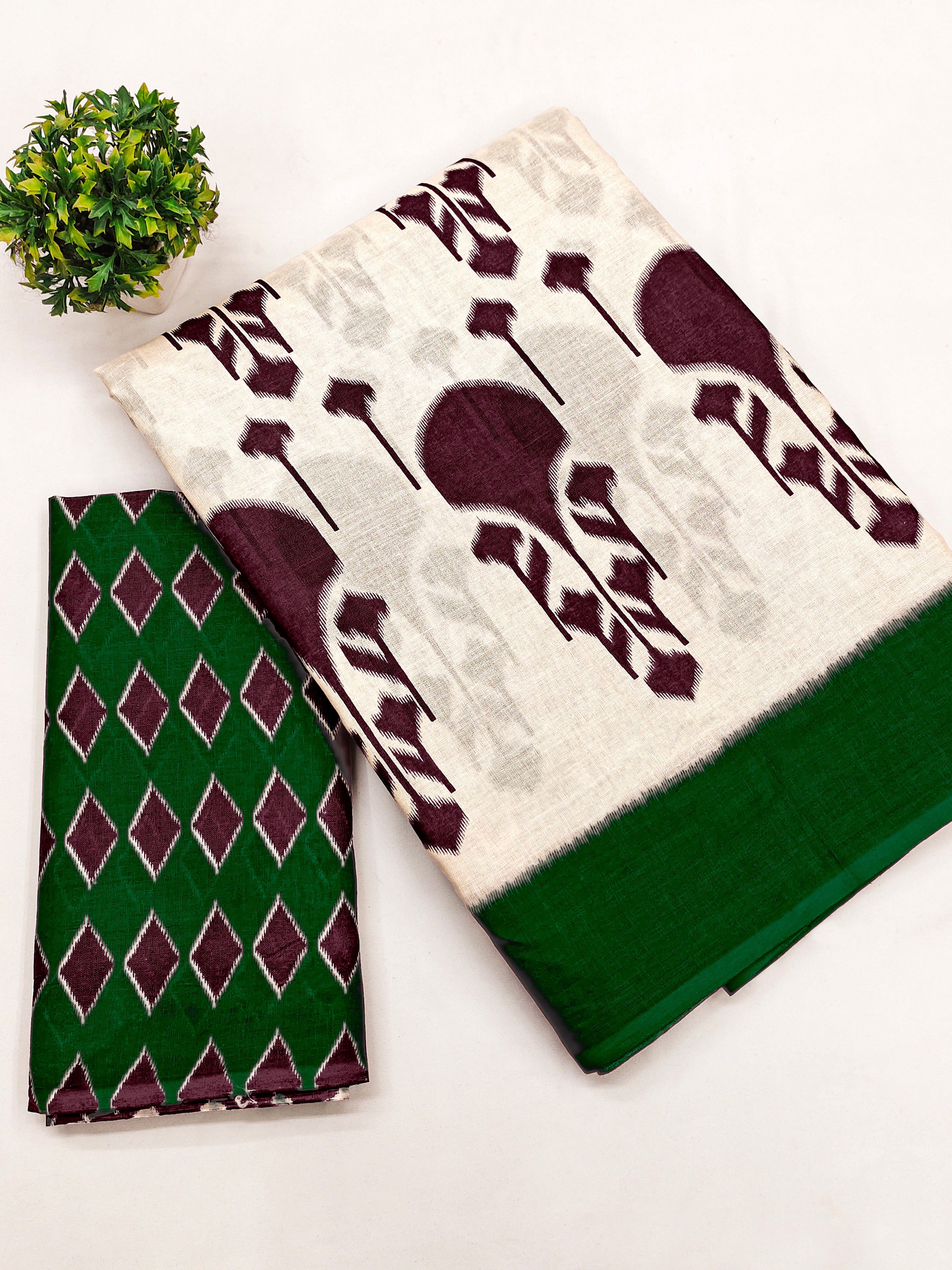 VEDIKA PURE SOFT COTTON FANCY IKKAT BLOCK PRINT BROWN AND GREEN SAREE