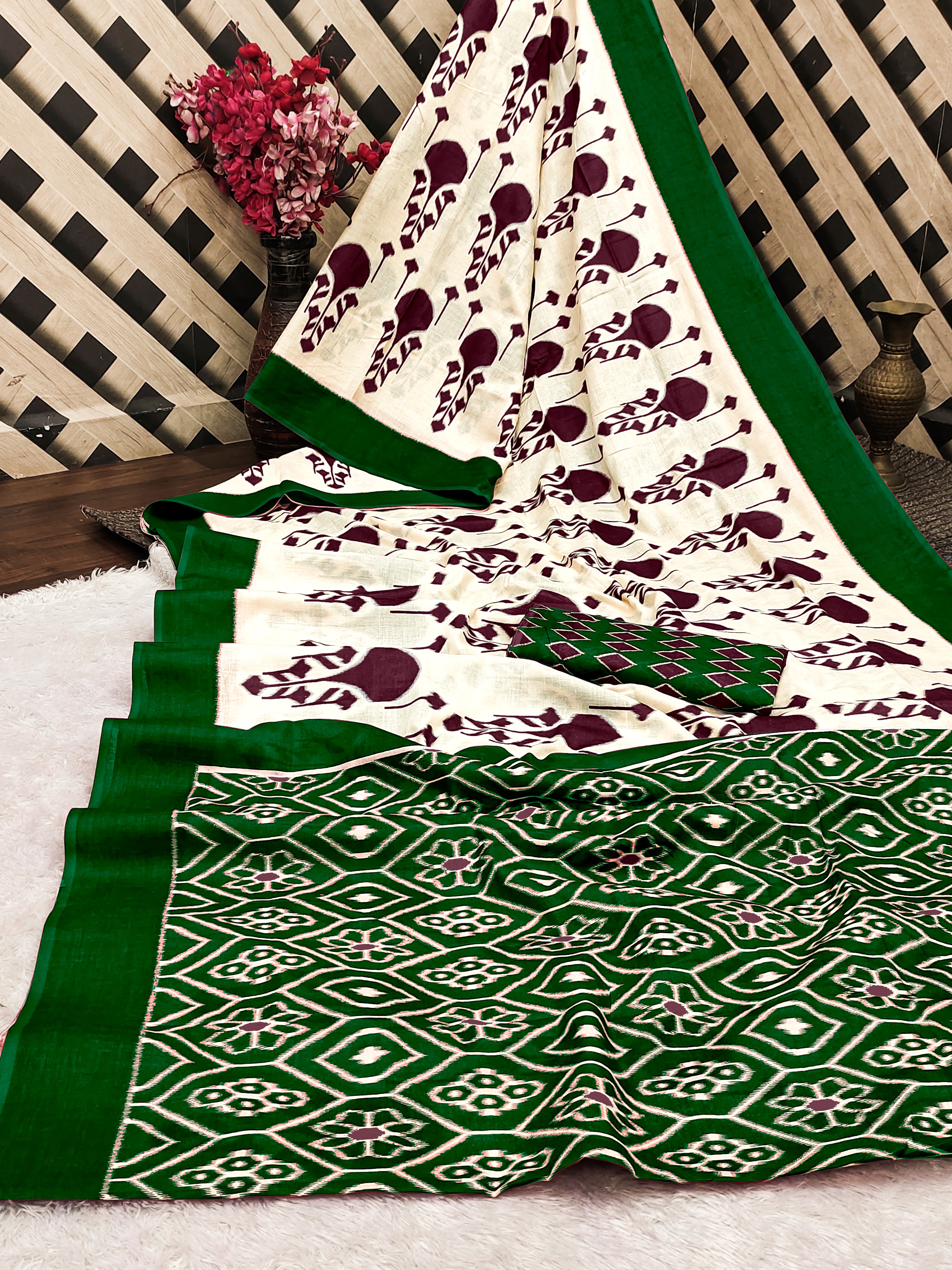 VEDIKA PURE SOFT COTTON FANCY IKKAT BLOCK PRINT BROWN AND GREEN SAREE