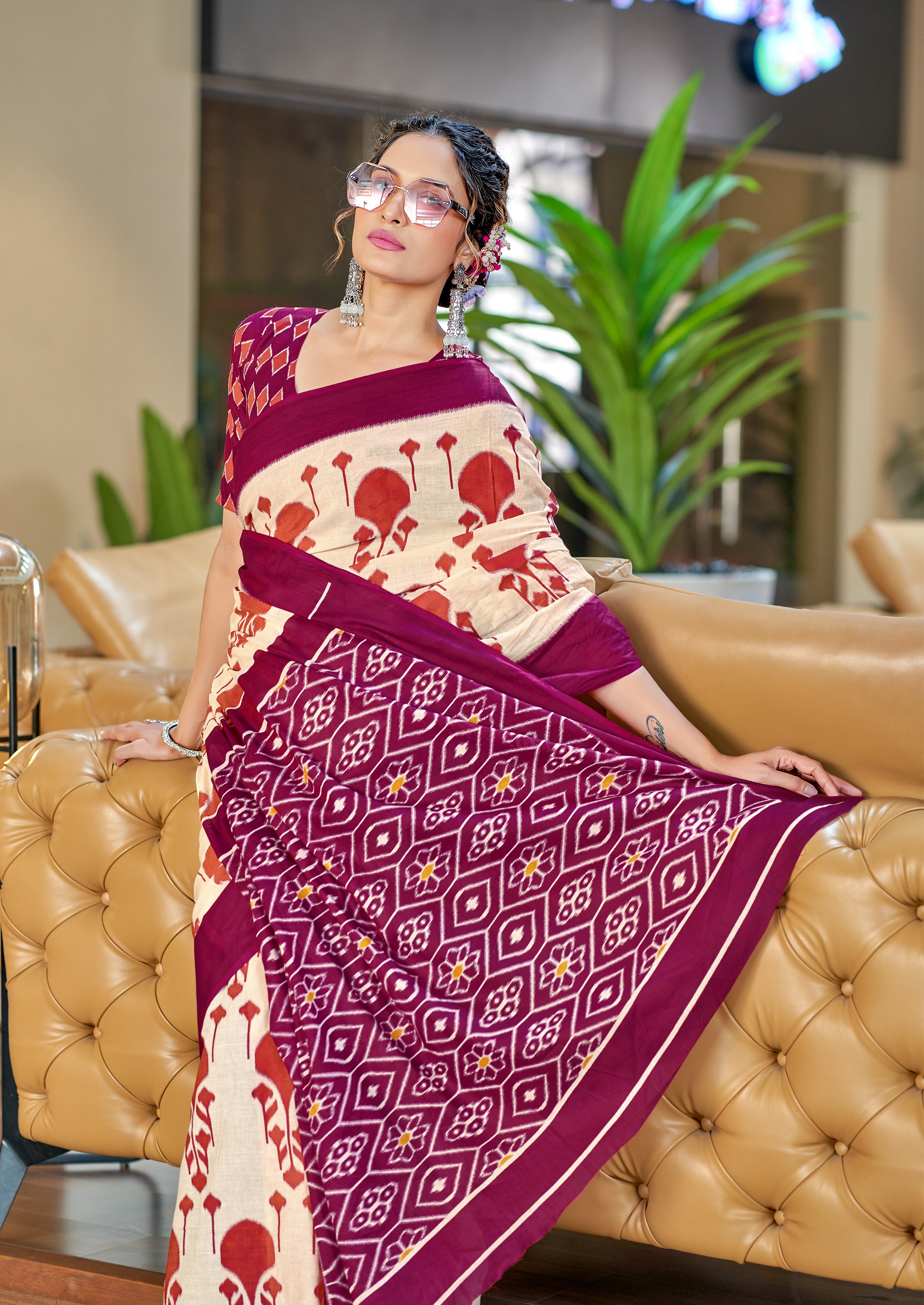 VEDIKA PURE SOFT COTTON FANCY IKKAT BLOCK PRINT RED AND PINK SAREE