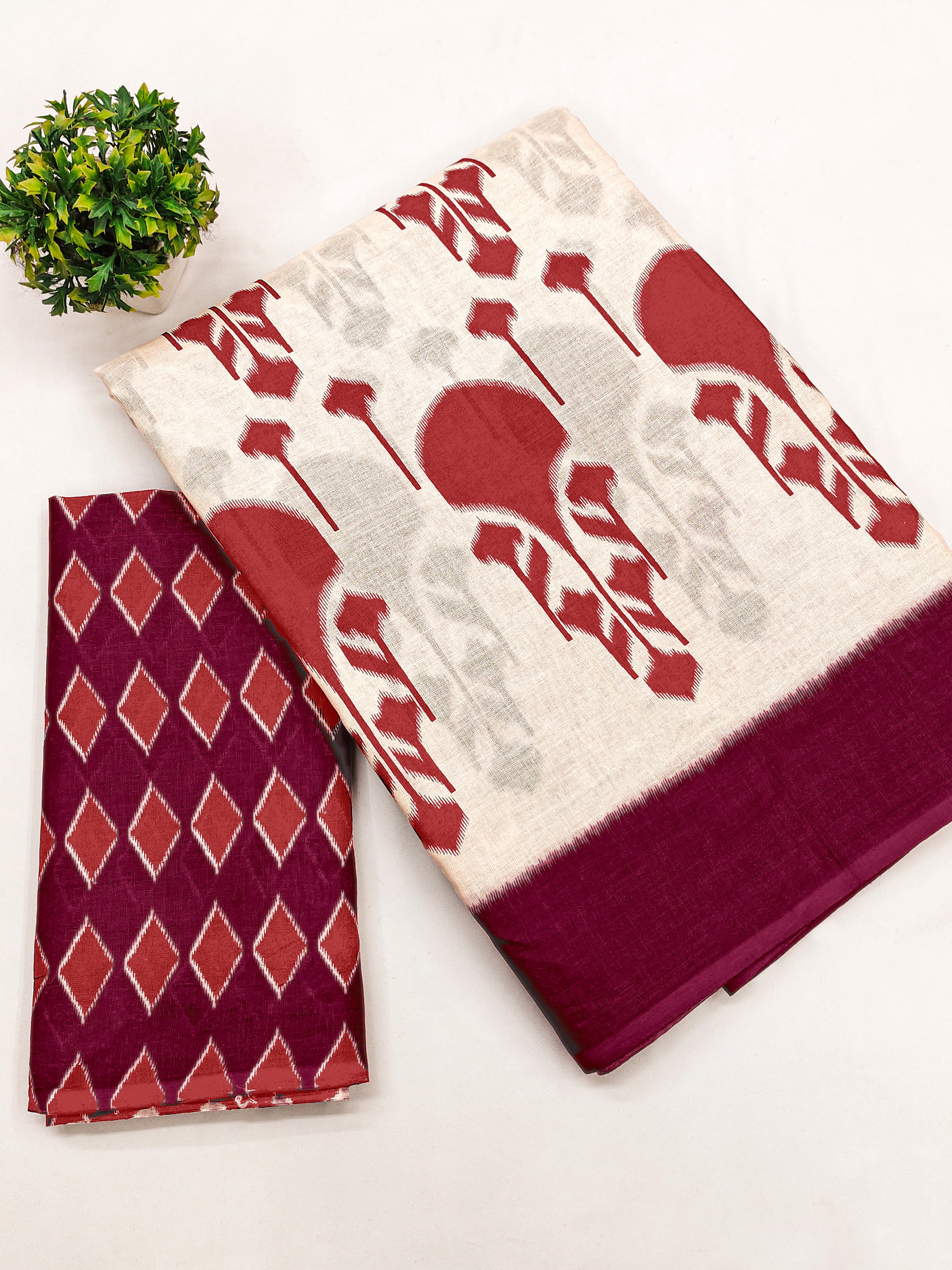 VEDIKA PURE SOFT COTTON FANCY IKKAT BLOCK PRINT RED AND PINK SAREE