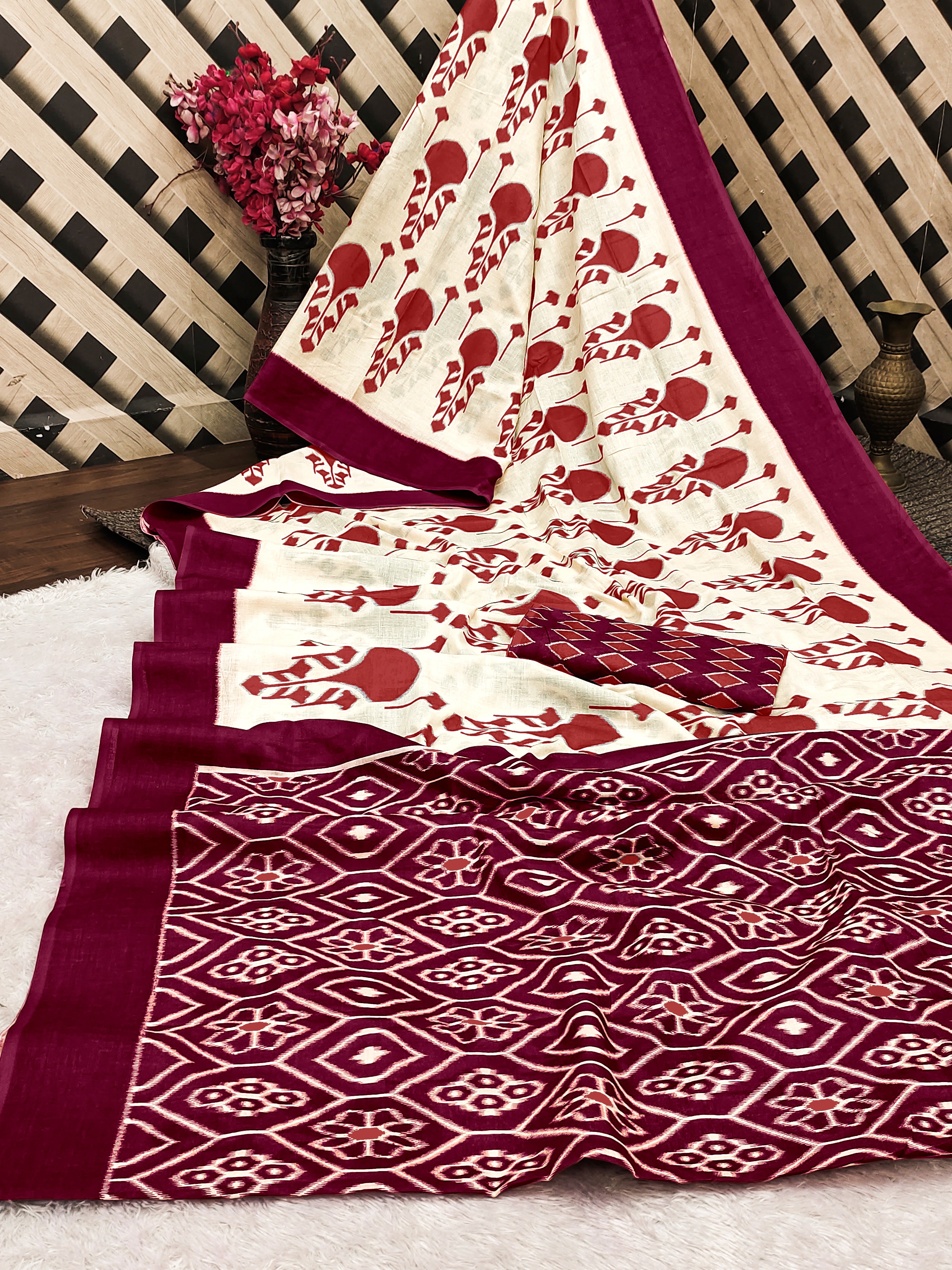 VEDIKA PURE SOFT COTTON FANCY IKKAT BLOCK PRINT RED AND PINK SAREE