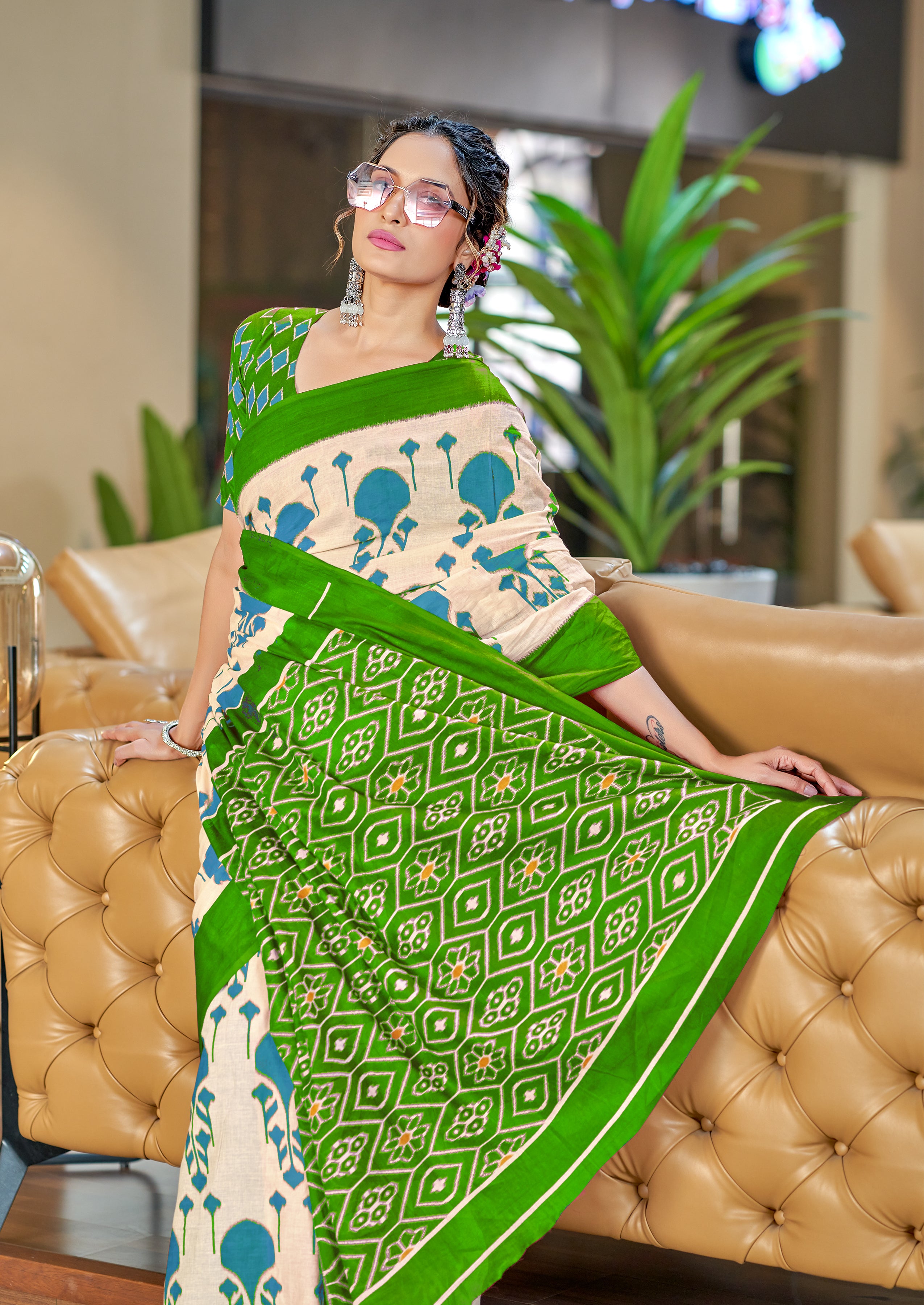 VEDIKA PURE SOFT COTTON FANCY IKKAT BLOCK PRINT SKY BLUE AND GREEN SAREE