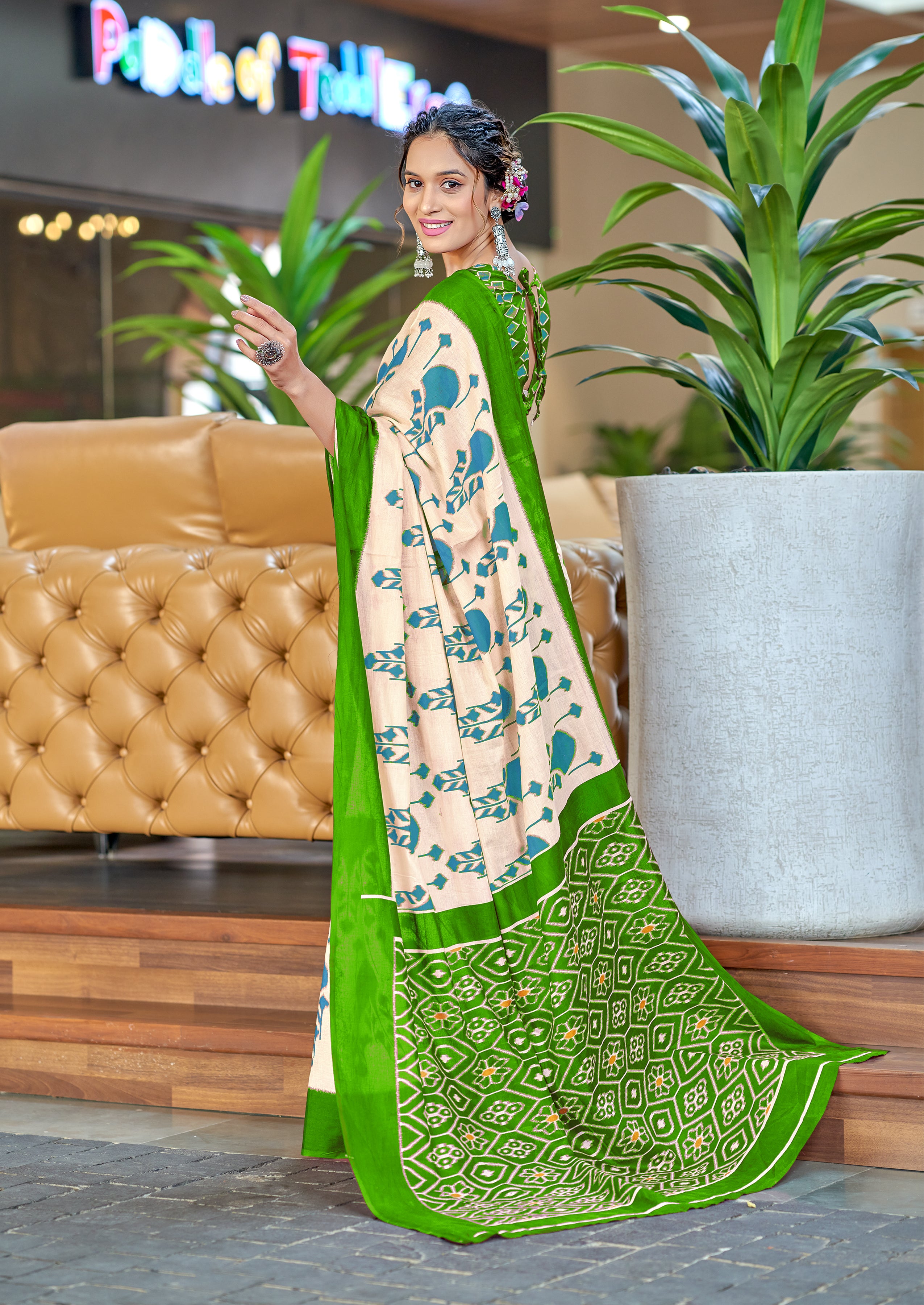 VEDIKA PURE SOFT COTTON FANCY IKKAT BLOCK PRINT SKY BLUE AND GREEN SAREE