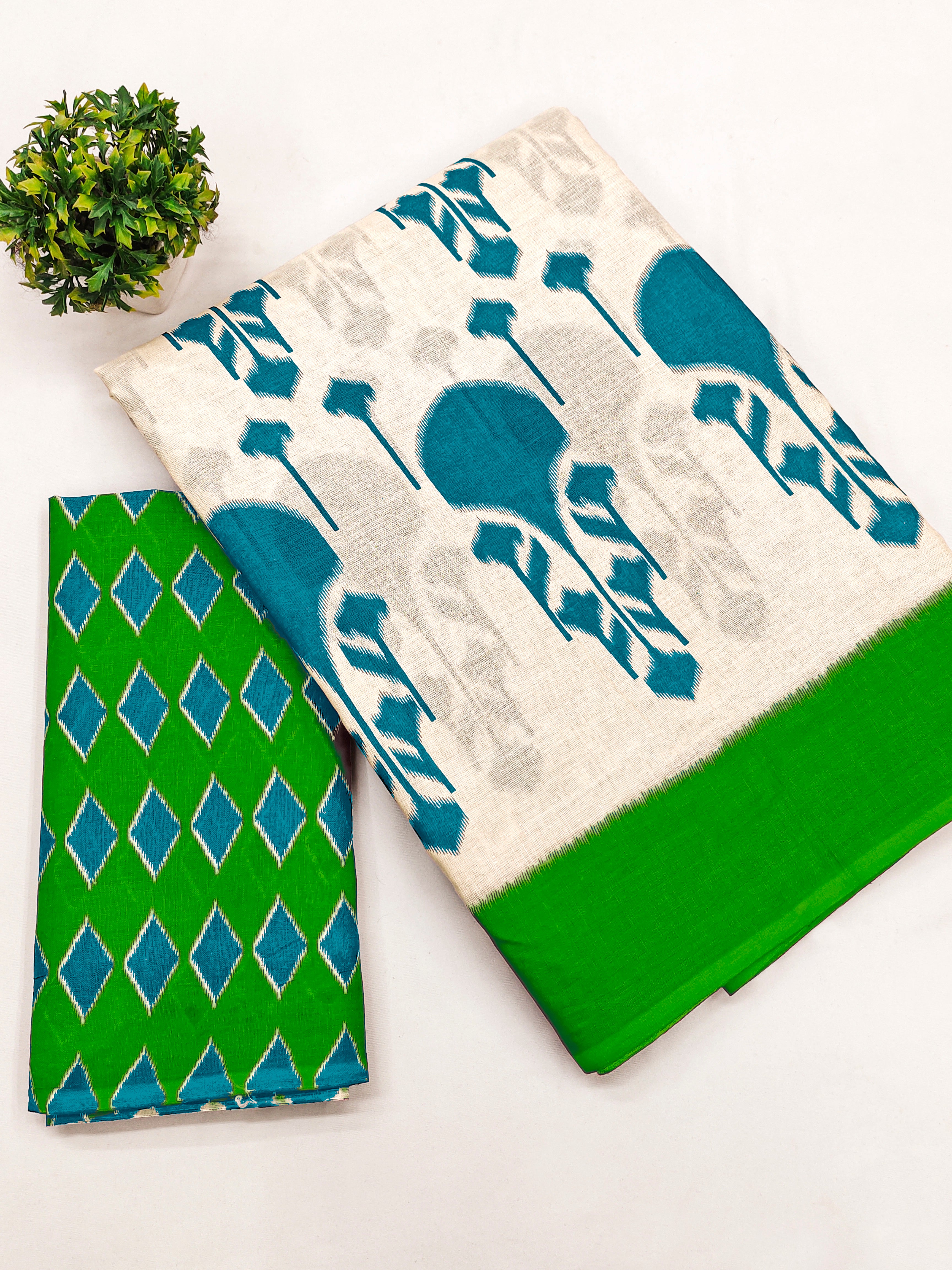 VEDIKA PURE SOFT COTTON FANCY IKKAT BLOCK PRINT SKY BLUE AND GREEN SAREE