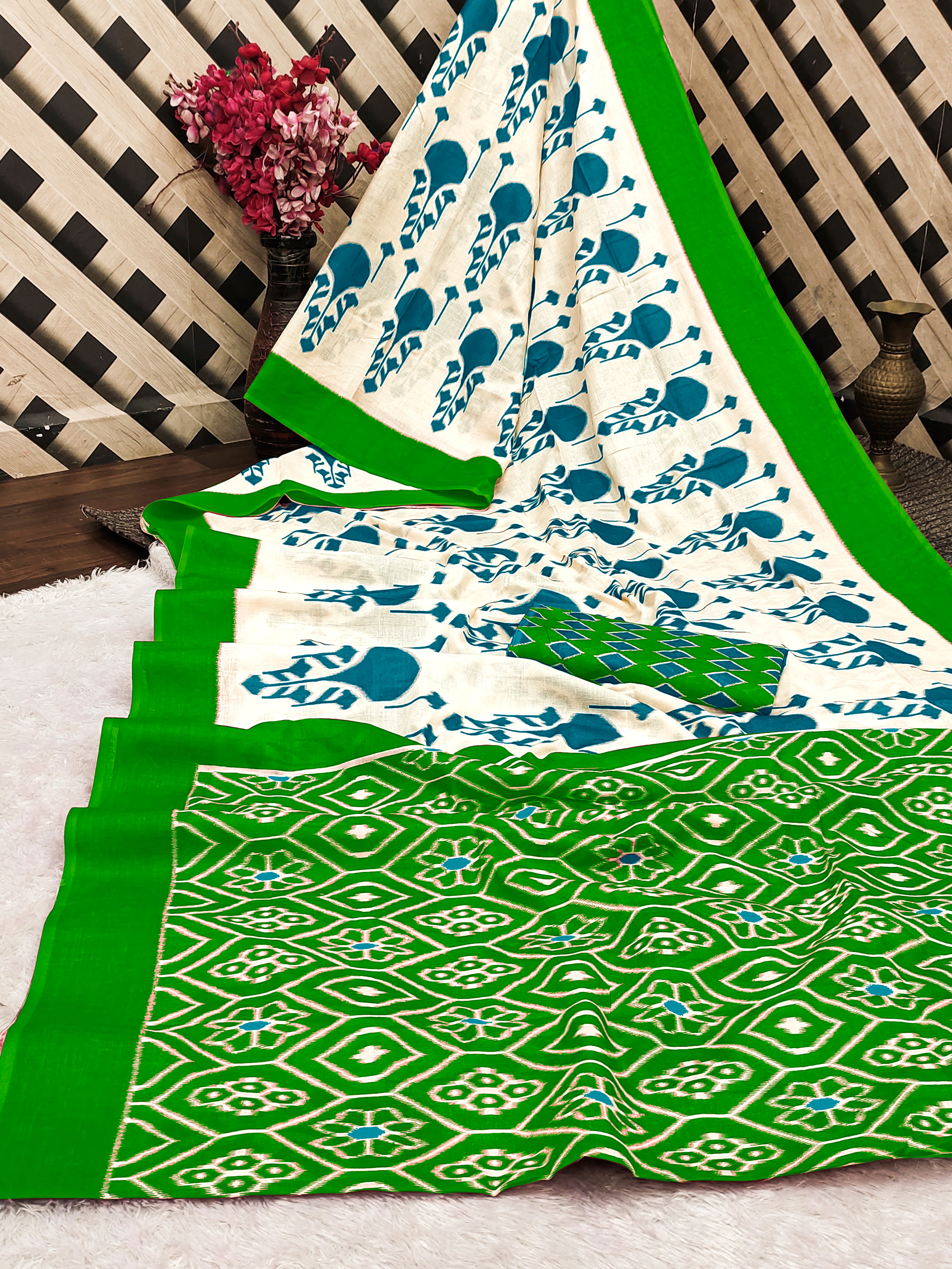 VEDIKA PURE SOFT COTTON FANCY IKKAT BLOCK PRINT SKY BLUE AND GREEN SAREE