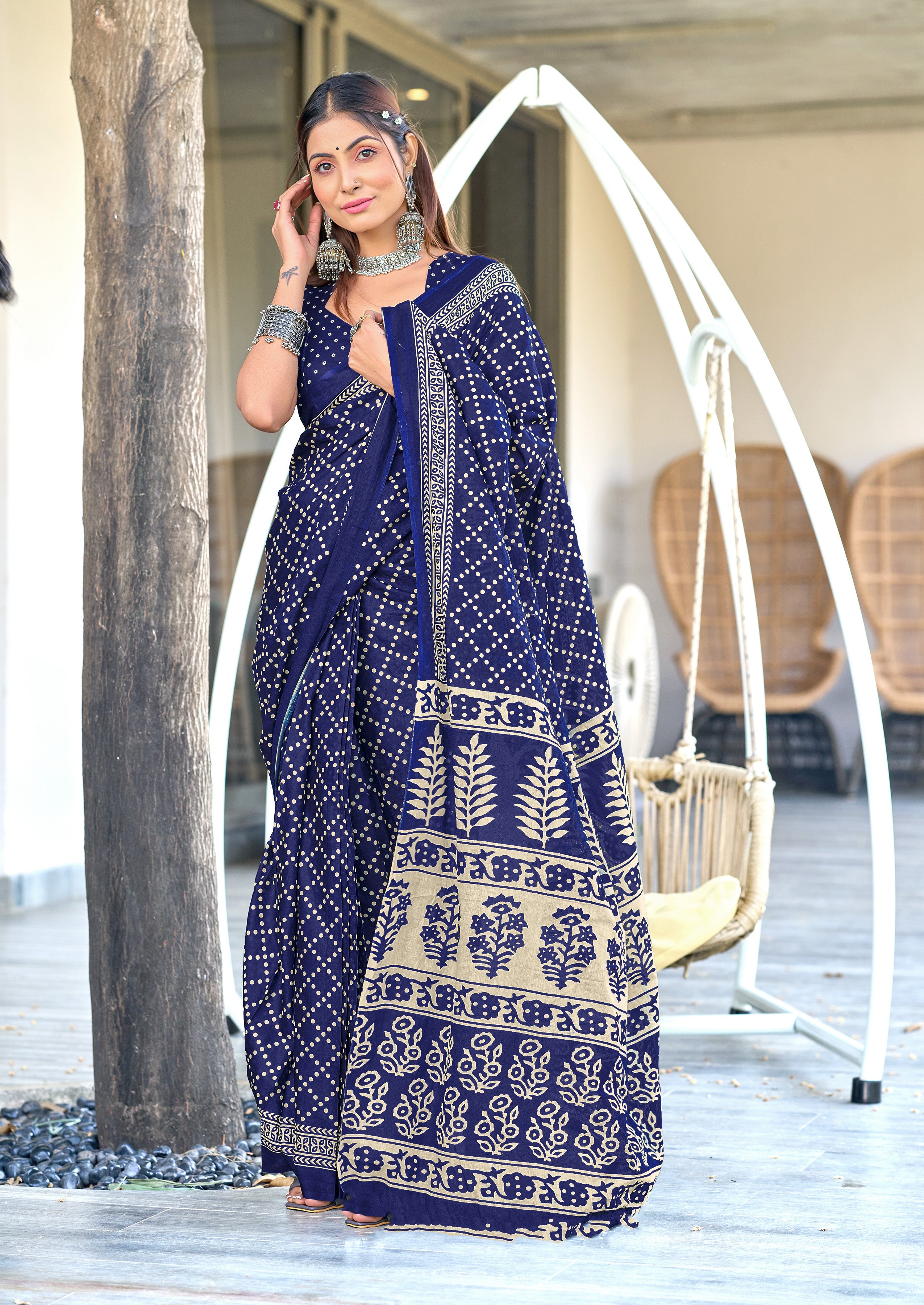VICTORIYA PURE MULMUL COTTON HAND BANDHANI BLOCK PRINT BLUE SAREE