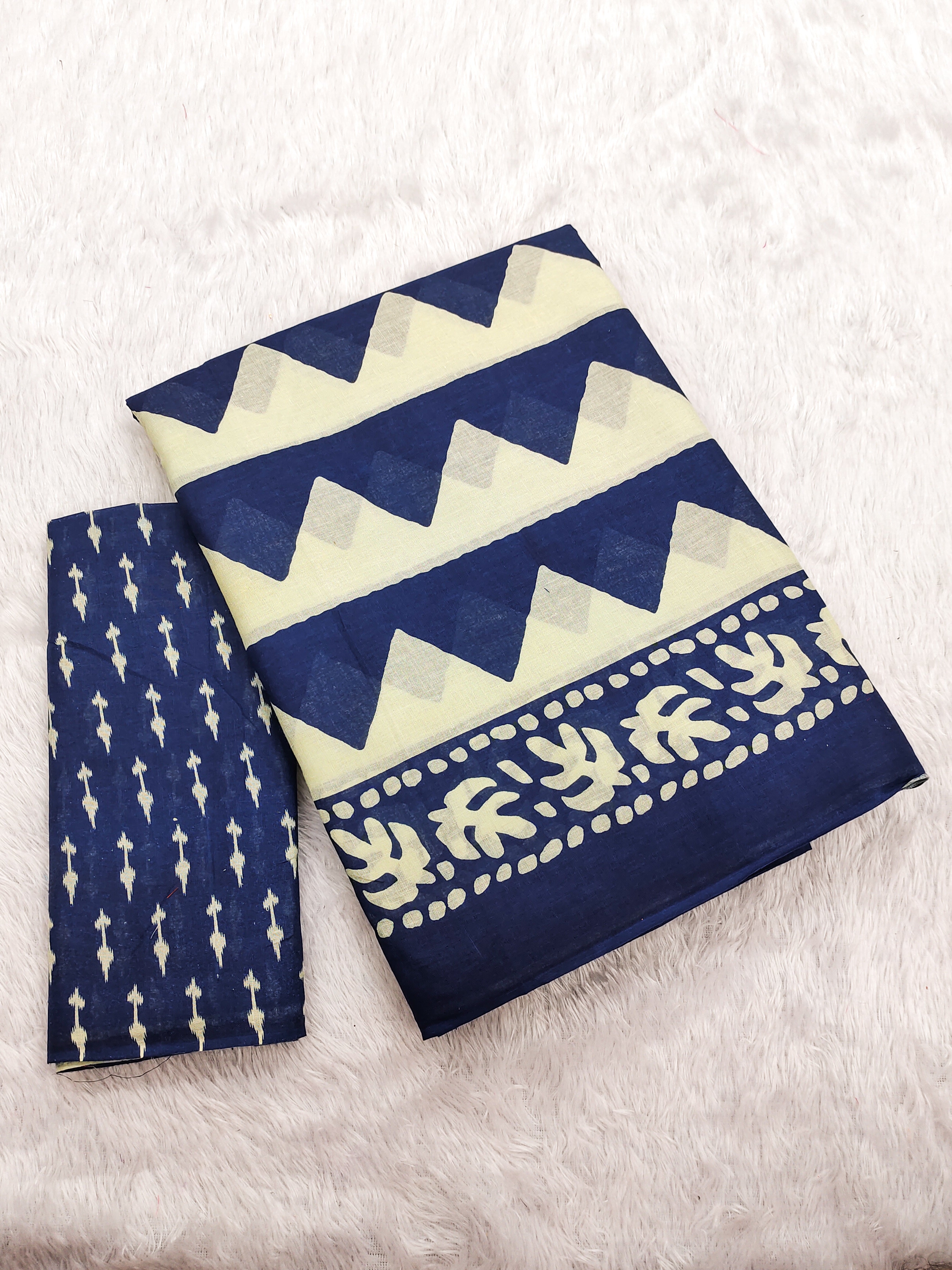 VIHAANA PURE MULMUL COTTON ZIGZAG HAND BLOCK PRINTED ROYAL BLUE SAREE