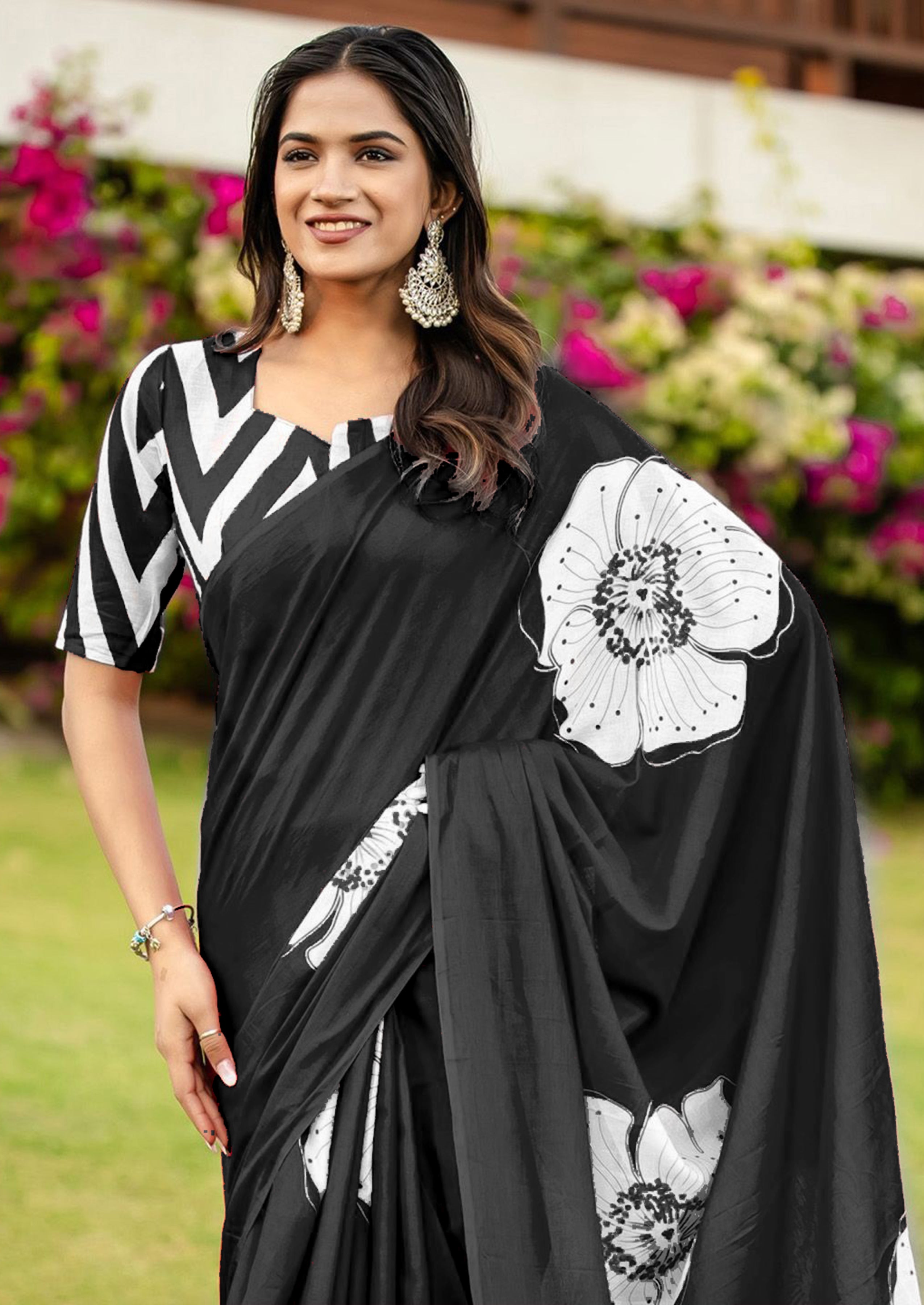YASHODA PURE MULMUL COTTON HAND  BLOCK PRINT FLOWER TEST BLACK SAREE