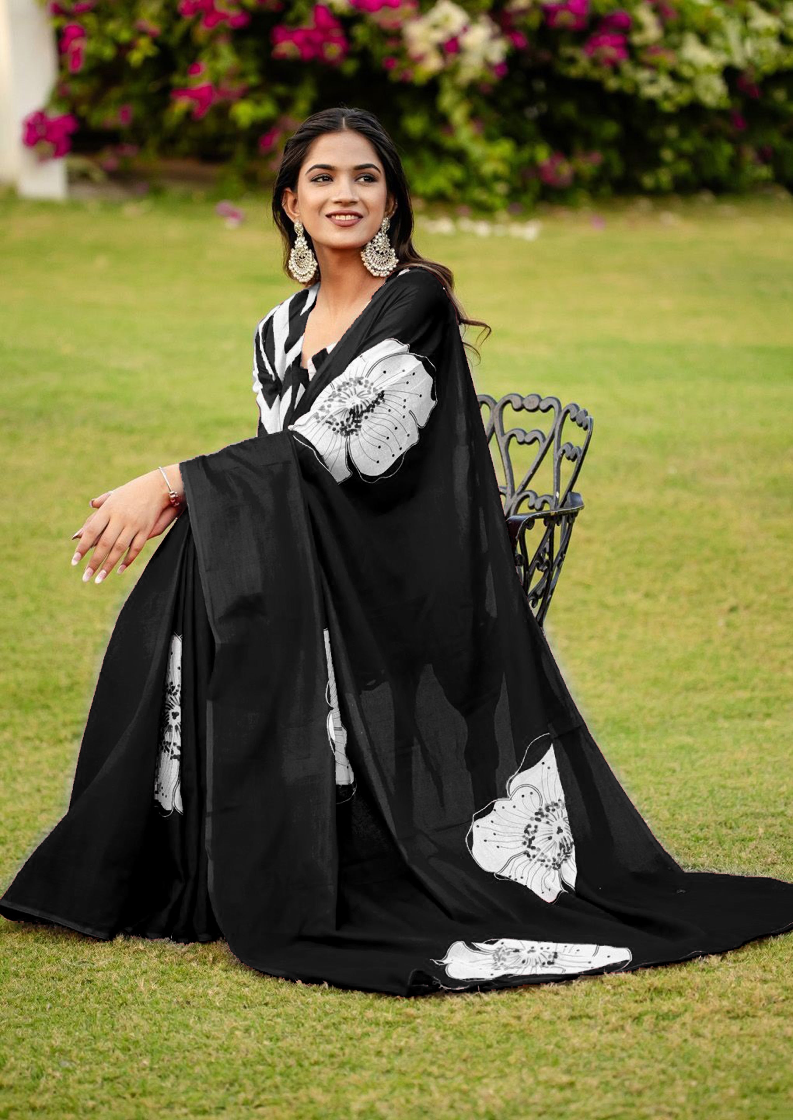 YASHODA PURE MULMUL COTTON HAND  BLOCK PRINT FLOWER TEST BLACK SAREE