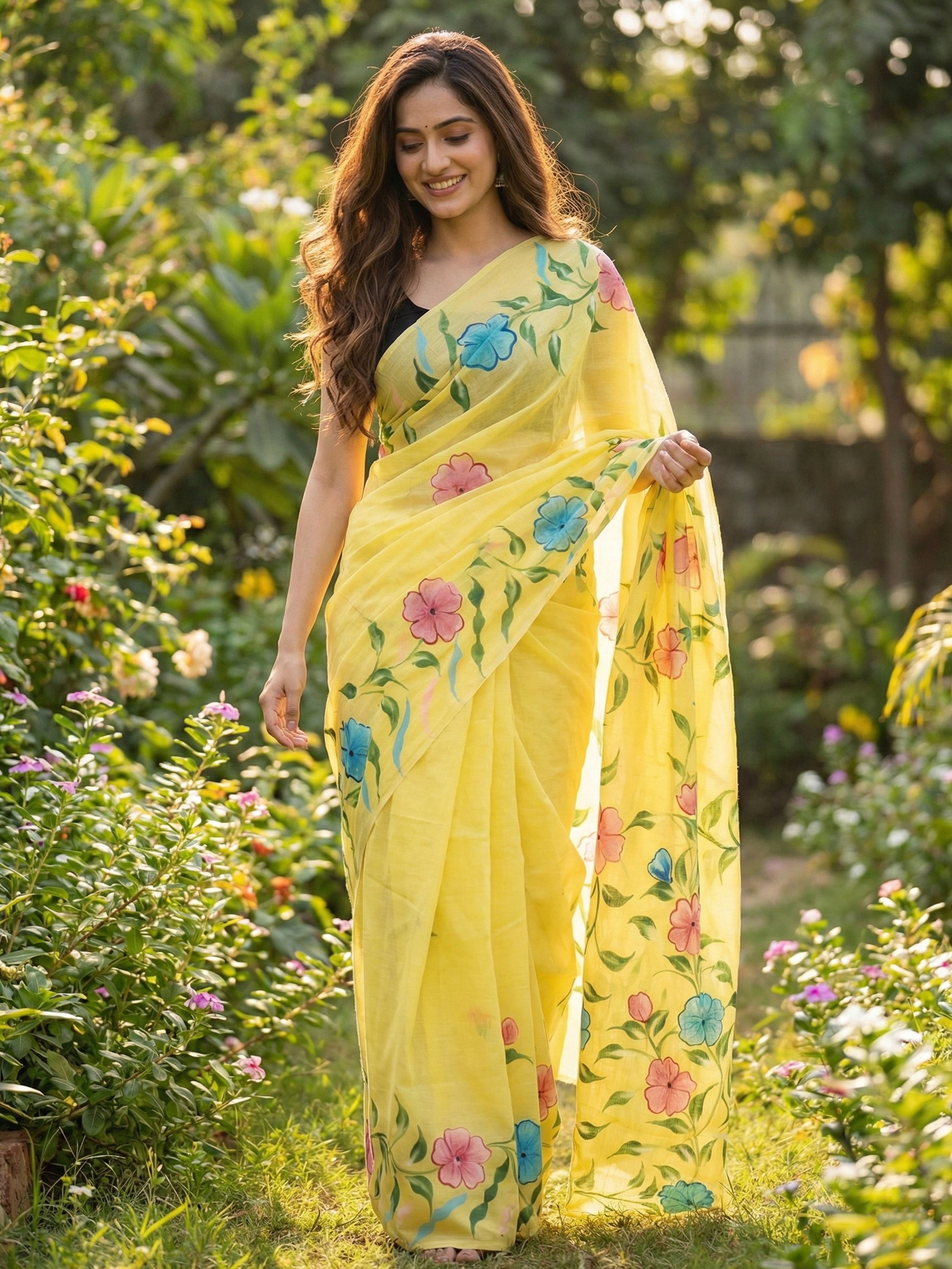 PICHI HAND PAINT PRIMUM SOFT ORIGNAL PURE MUSLIN SILK YELLOW SAREE