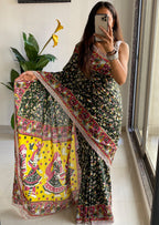 SLEFI 19  PURE MUL COTTON TRADITIONAL KALMKARI HANDBLOCK PRINT DRAK GREEN SAREE