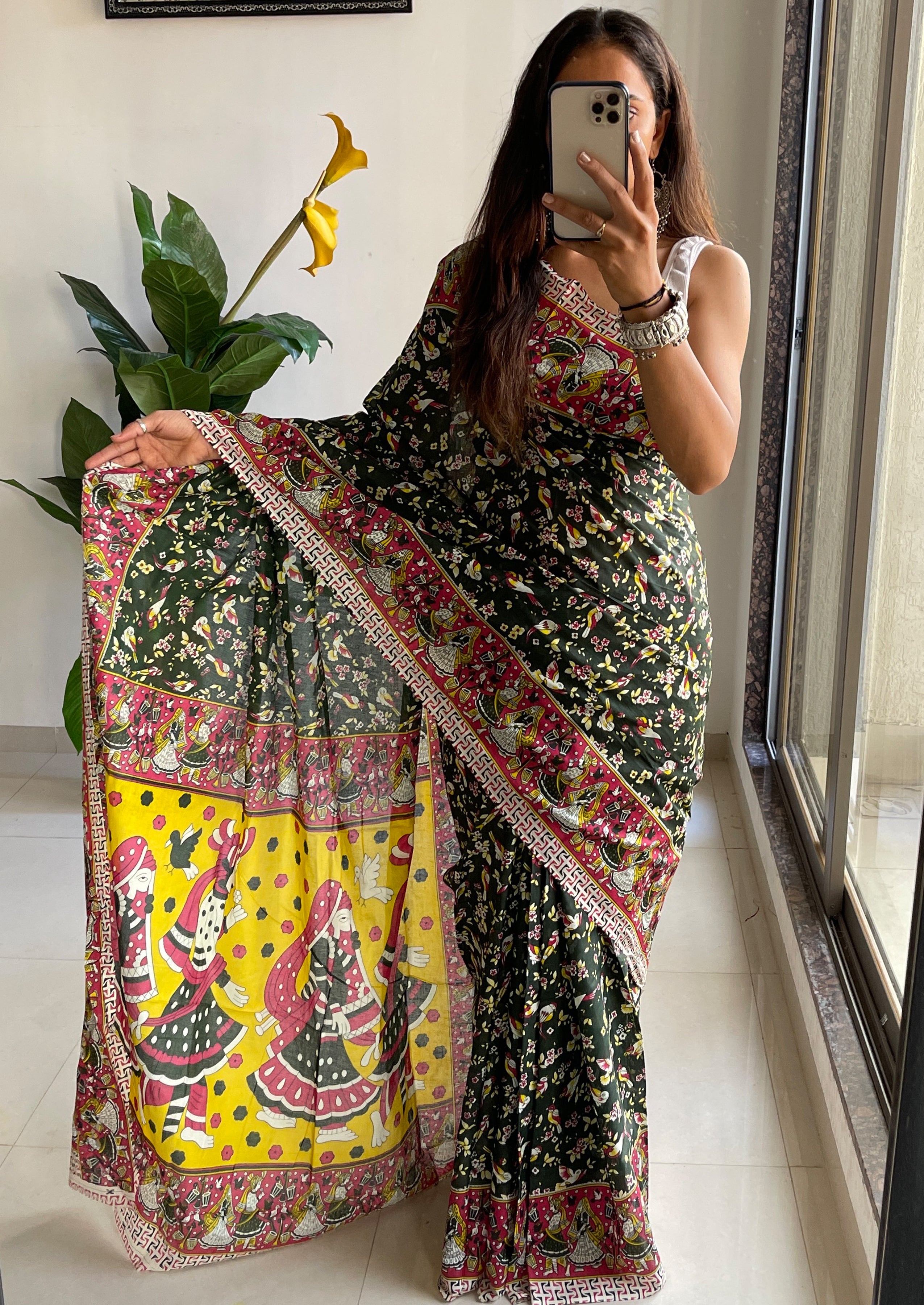 SLEFI 19  PURE MUL COTTON TRADITIONAL KALMKARI HANDBLOCK PRINT DRAK GREEN SAREE