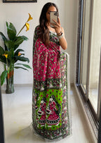 SLEFI 19  PURE MUL COTTON TRADITIONAL KALMKARI HANDBLOCK PRINT MAGENTA SAREE