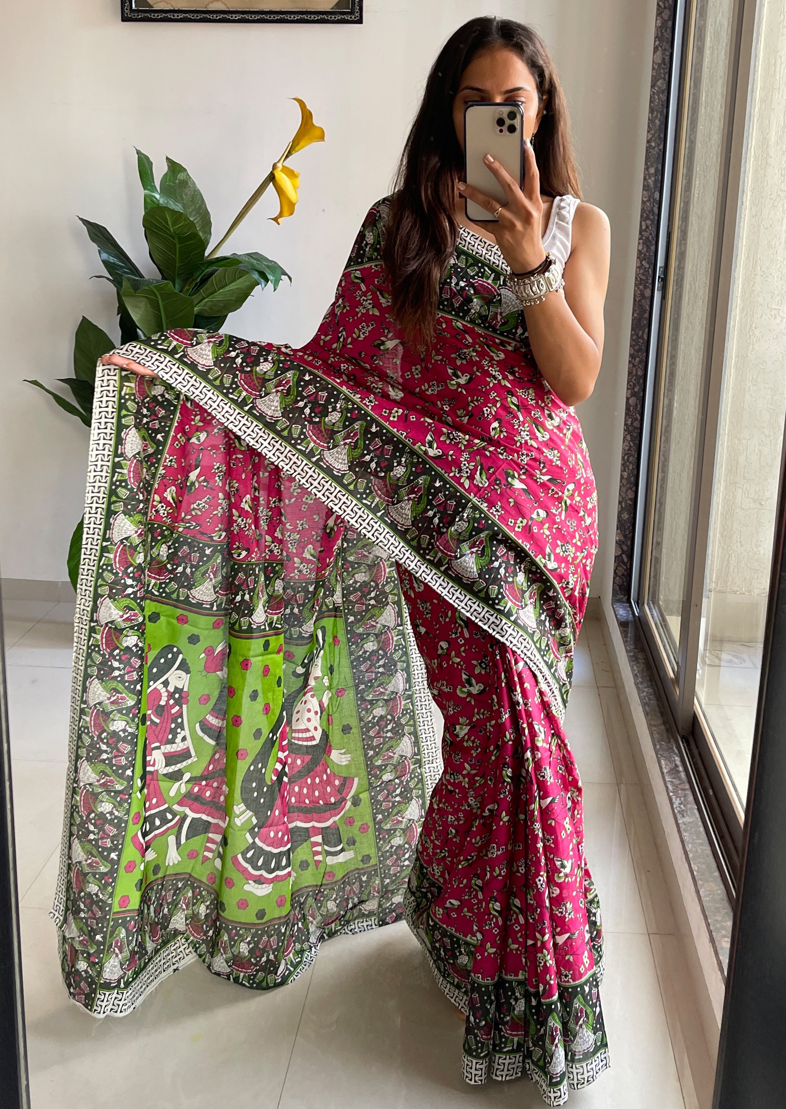 SLEFI 19  PURE MUL COTTON TRADITIONAL KALMKARI HANDBLOCK PRINT MAGENTA SAREE
