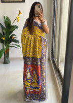 SLEFI 19  PURE MUL COTTON TRADITIONAL KALMKARI HANDBLOCK PRINT YELLOW SAREE