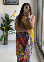 SLEFI 19  PURE MUL COTTON TRADITIONAL KALMKARI HANDBLOCK PRINT YELLOW SAREE