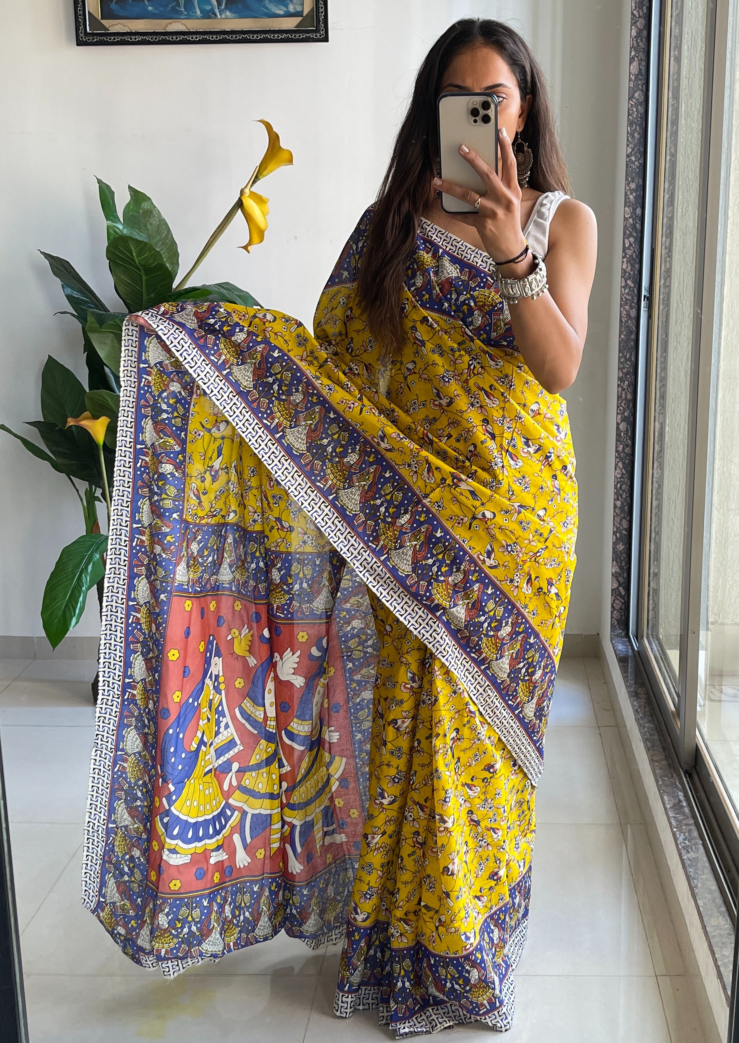 SLEFI 19  PURE MUL COTTON TRADITIONAL KALMKARI HANDBLOCK PRINT YELLOW SAREE