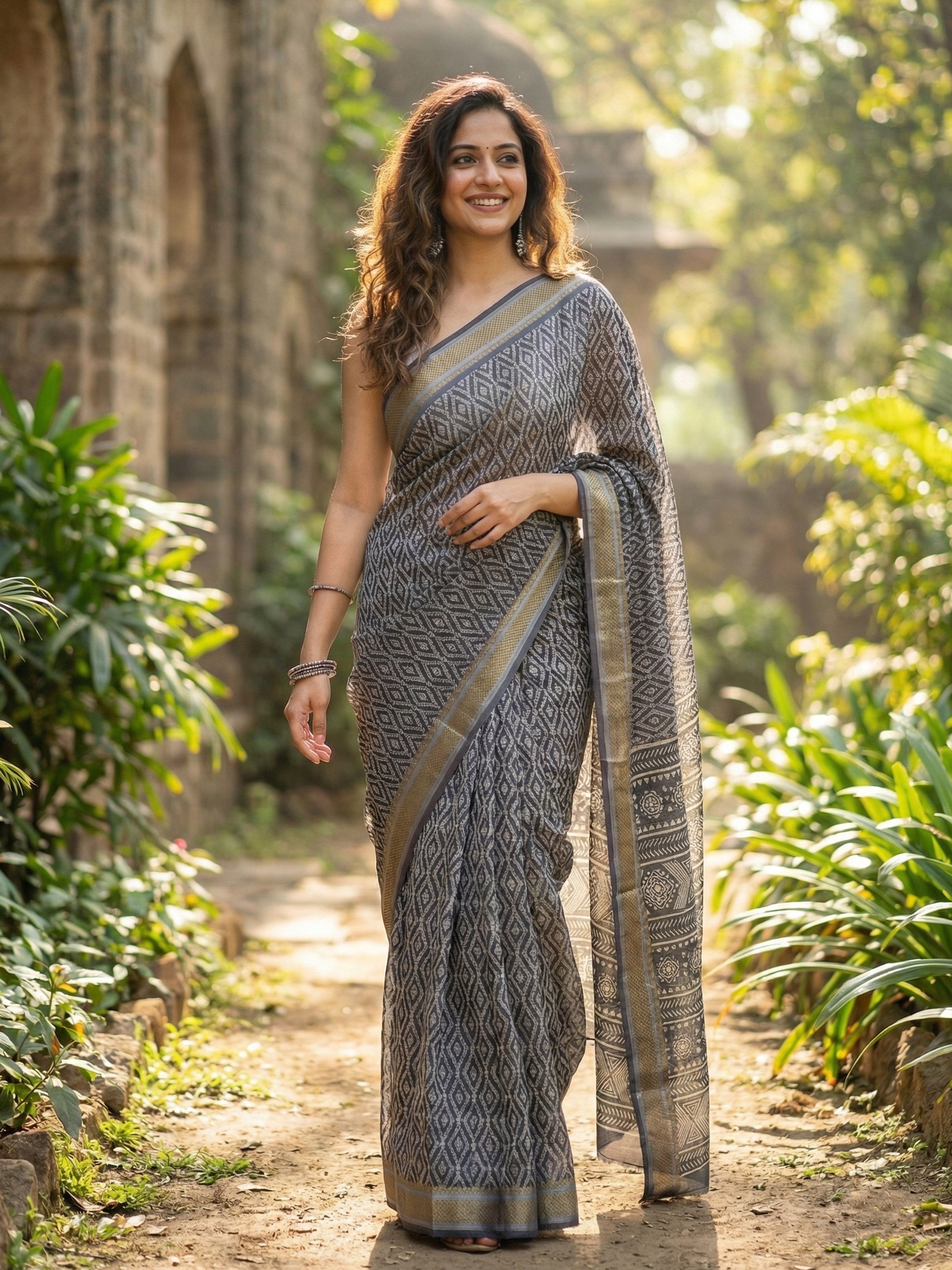 SELFI PRIMUM MULMUL COTTON WITH HEVY ZARI BORDAR BAGRU BANDHANI PRINTED GREY SAREE