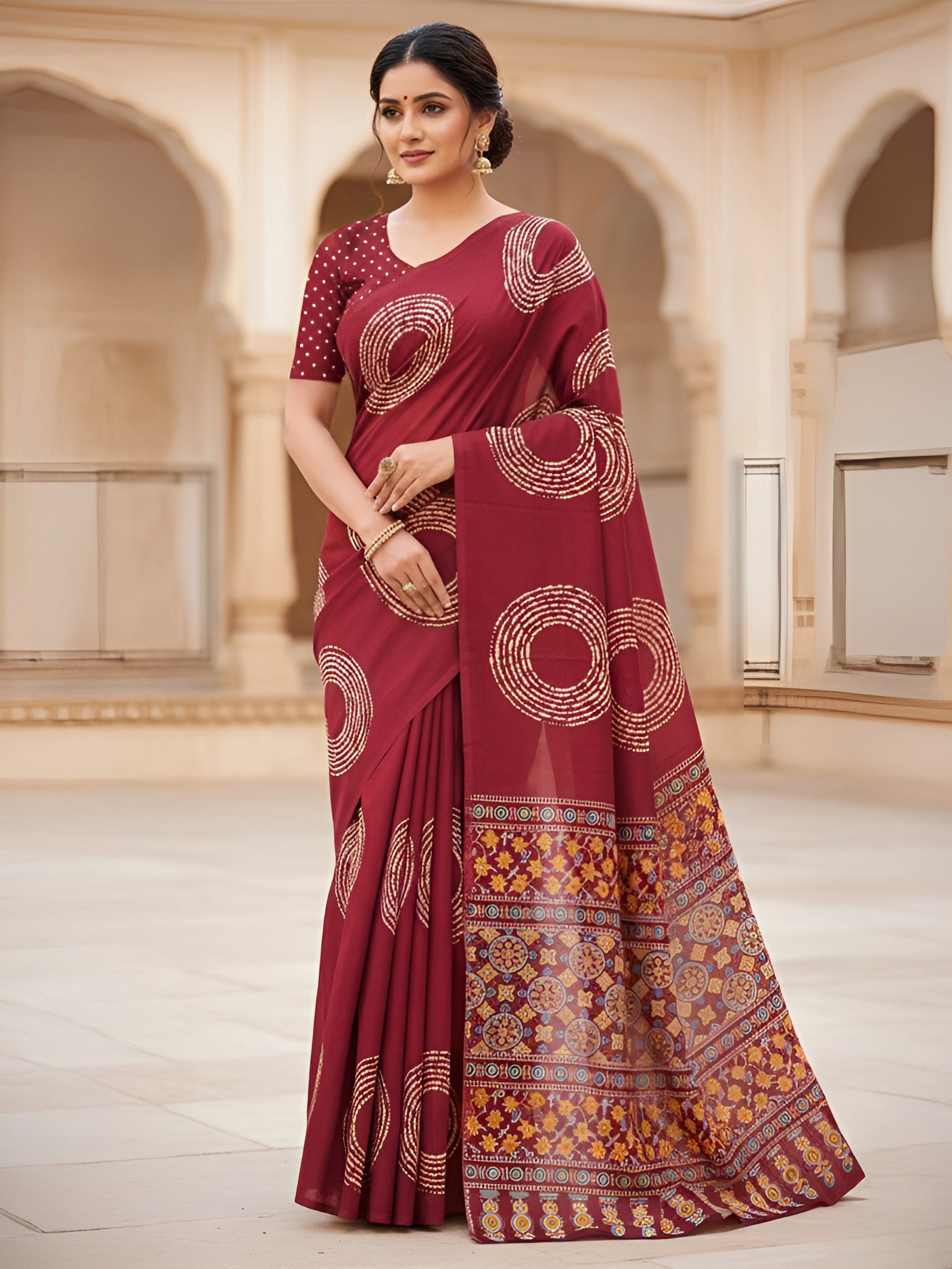 AJRAKH BANDHEJ PURE MULMUL COTTON  HAND BLOCK PRINT RED SAREE